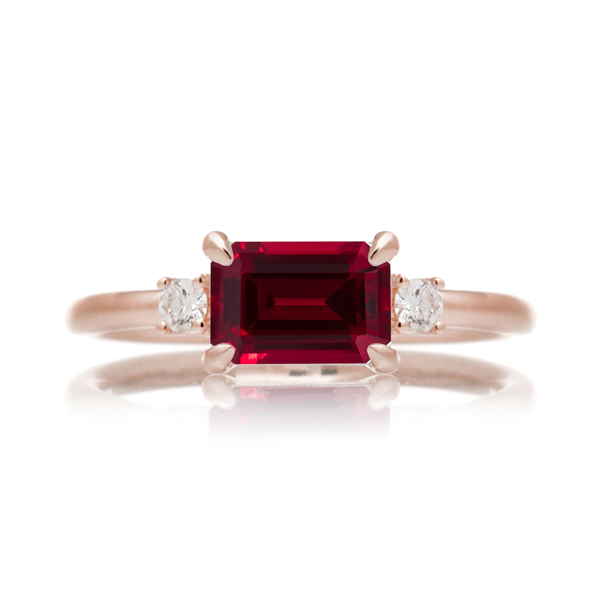Ruby three stone ring east west the Lena rose gold