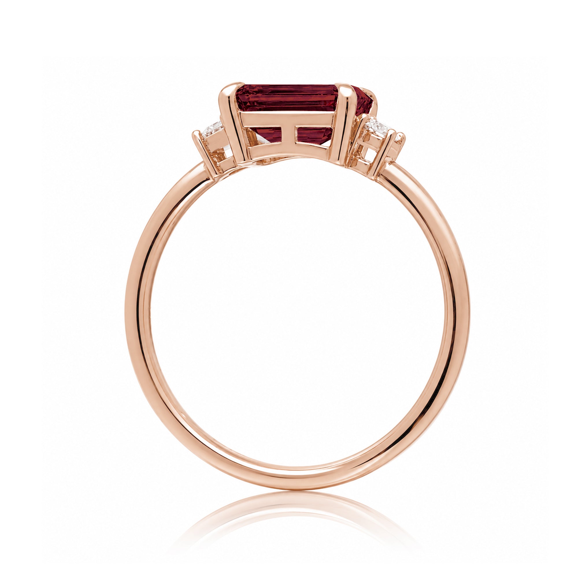 Ruby three stone ring east west the Lena rose gold