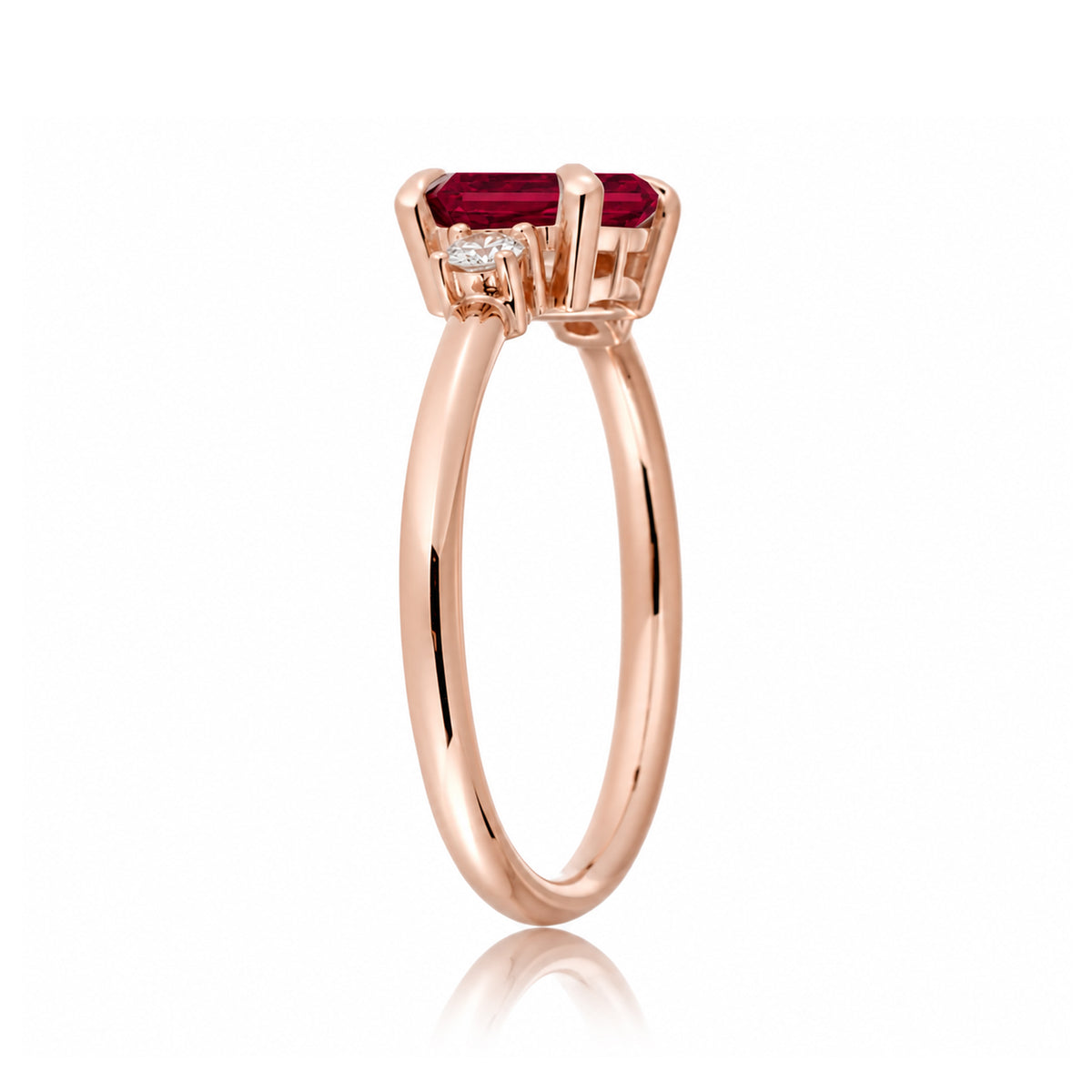 Ruby three stone ring east west the Lena rose gold