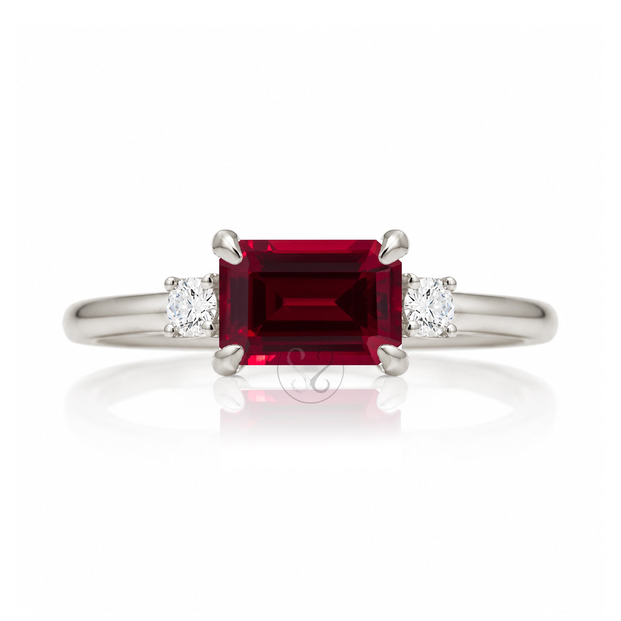 Ruby three stone ring east west the Lena white gold