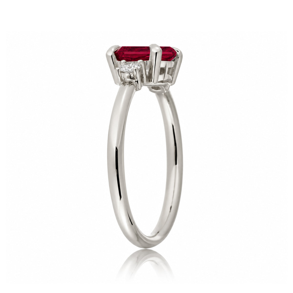 Ruby three stone ring east west the Lena white gold