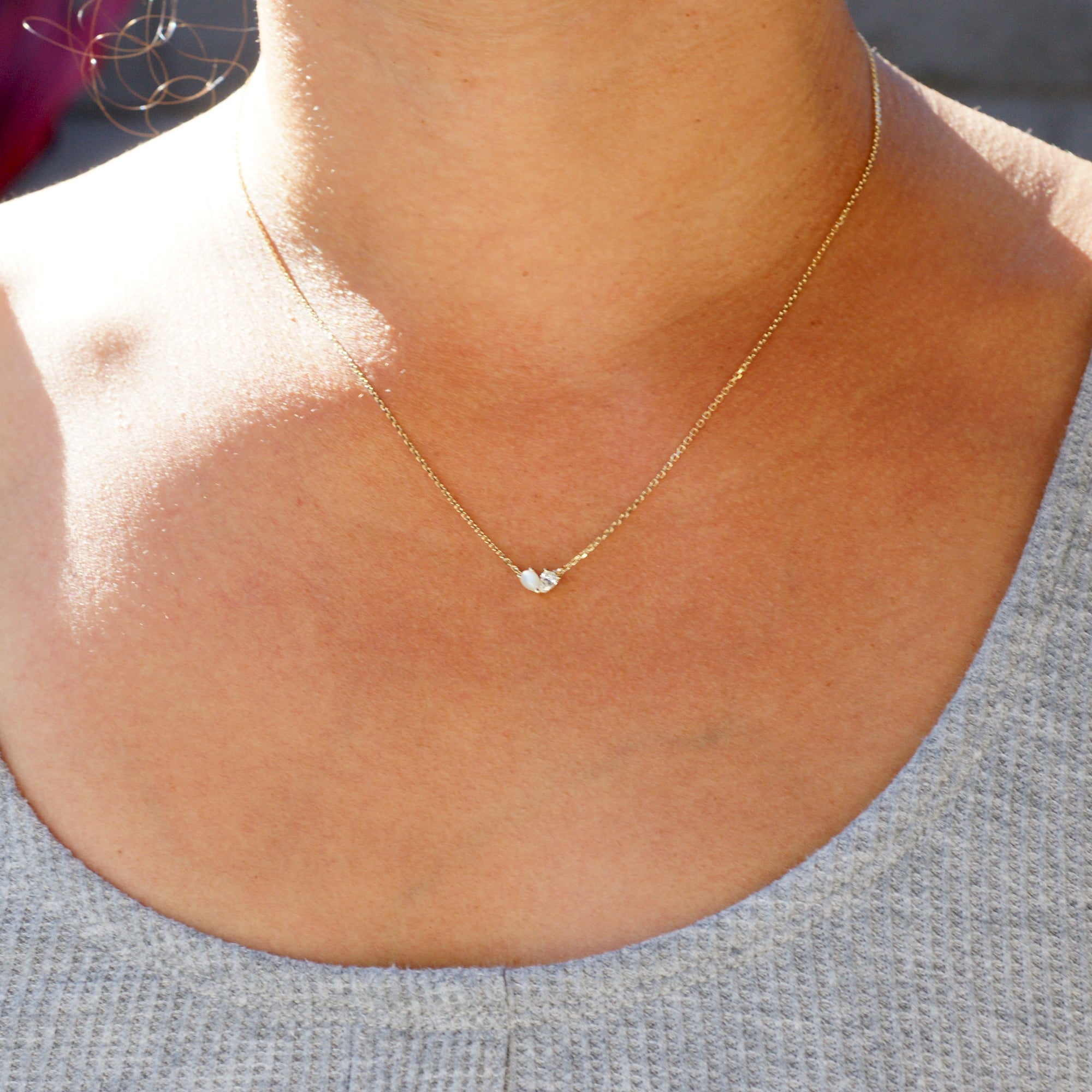 Mother and daughter toi et moi necklace with opal and diamond in a heart shape