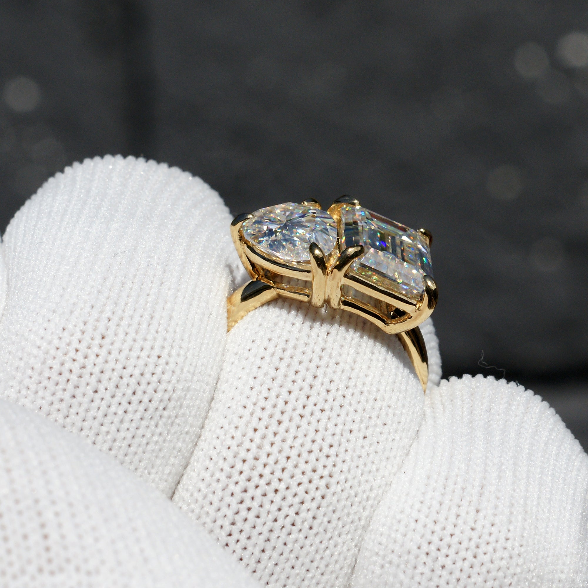 Toi Et Moi Moissanite Ring 18k Yellow Gold - Emerald and Pear Cut (7.42ct. tw.)