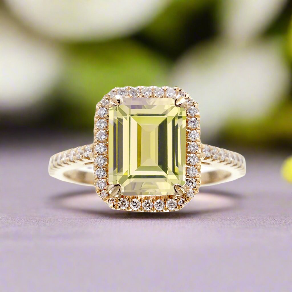 Emerald Cut Yellow Sapphire Engagement Ring With Diamond Halo