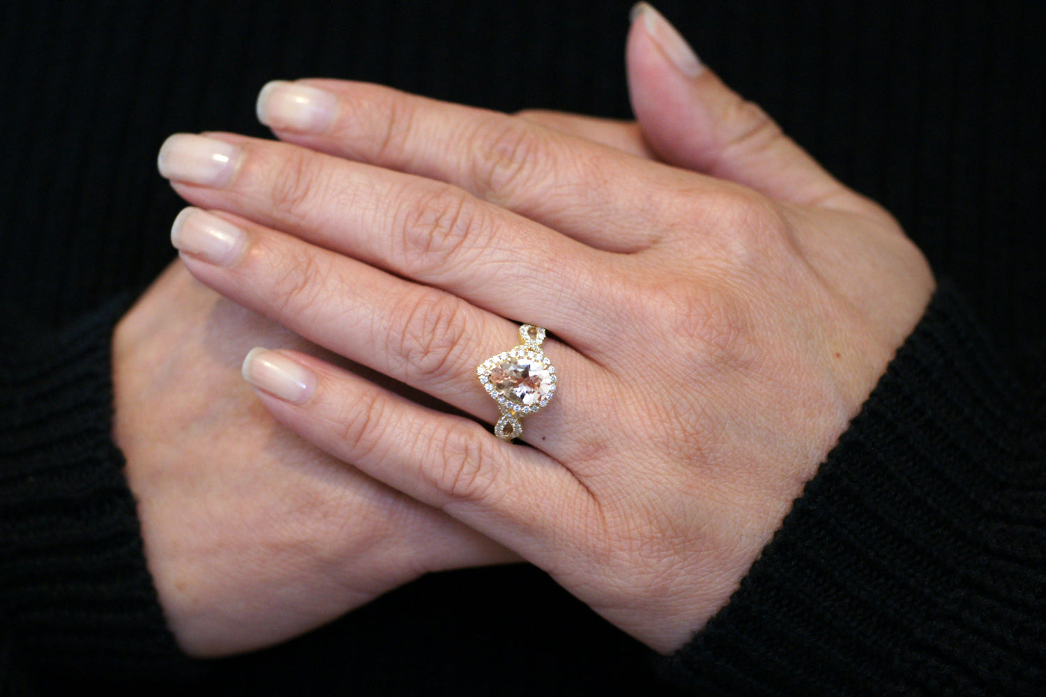 Pear morganite engagement ring yellow gold diamond halo twist band