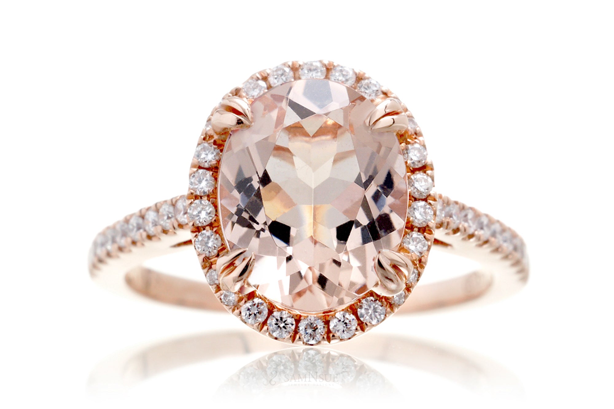 Oval morganite engagement ring with diamond halo in rose gold