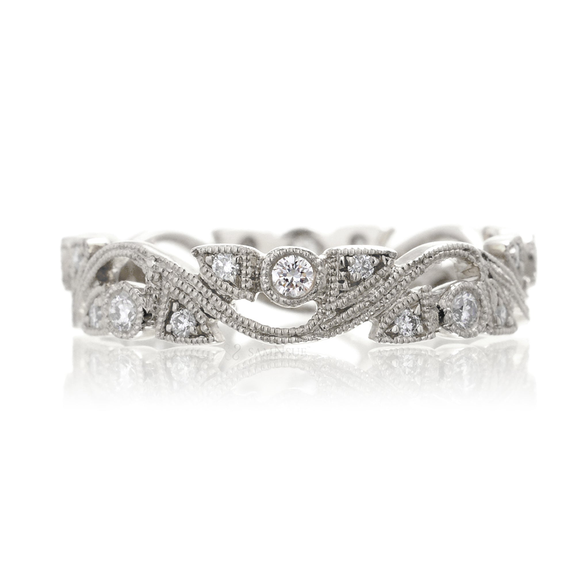 Leaf and vine diamond eternity antique style band white gold or platinum