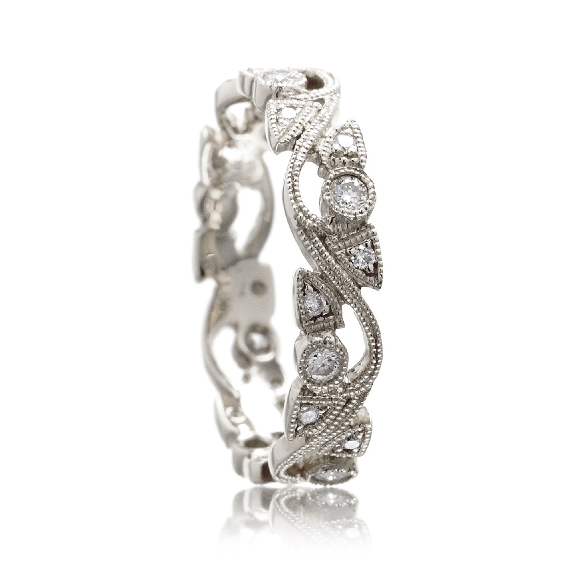 Leaf and vine diamond eternity antique style band white gold or platinum