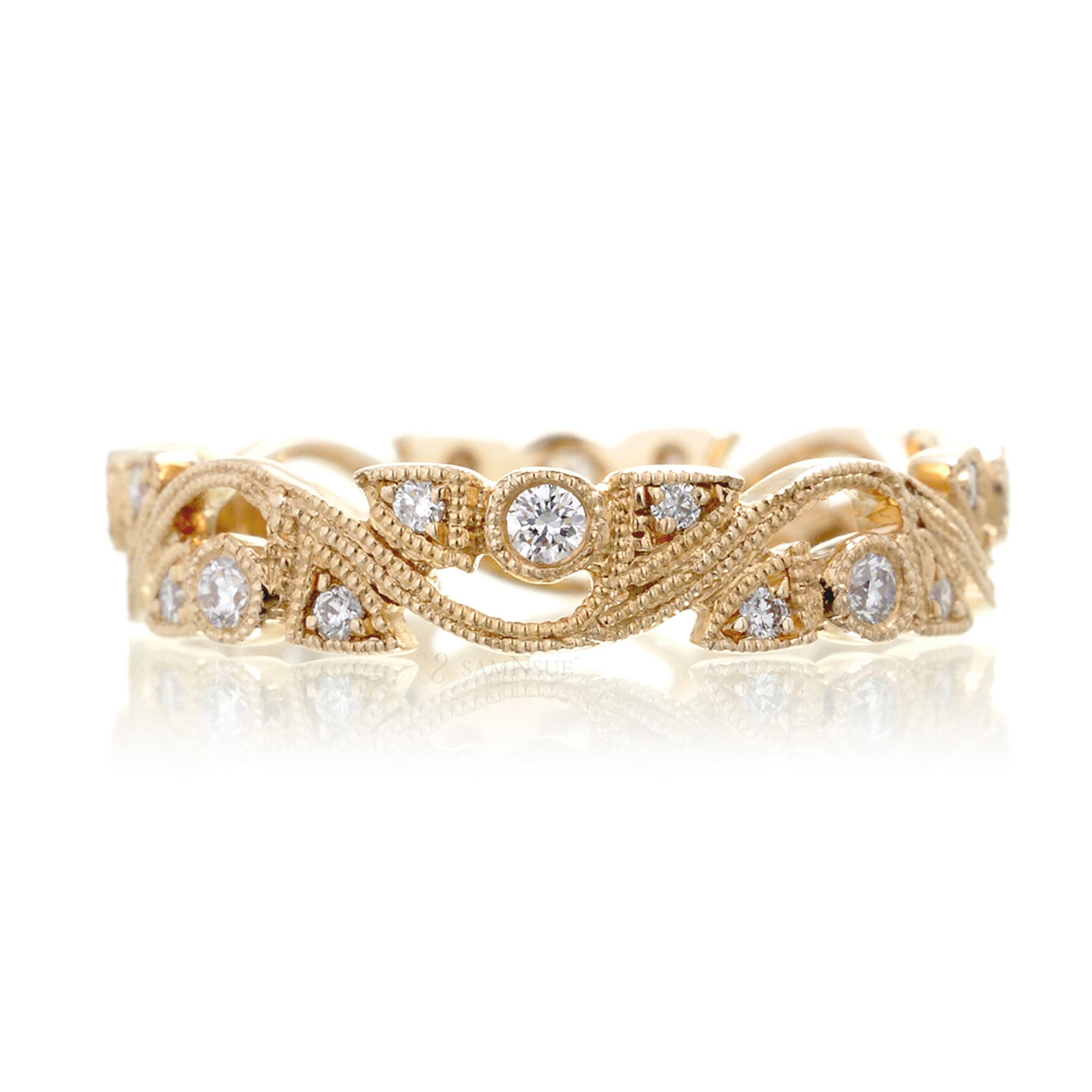 Leaf and vine diamond eternity antique style band yellow gold