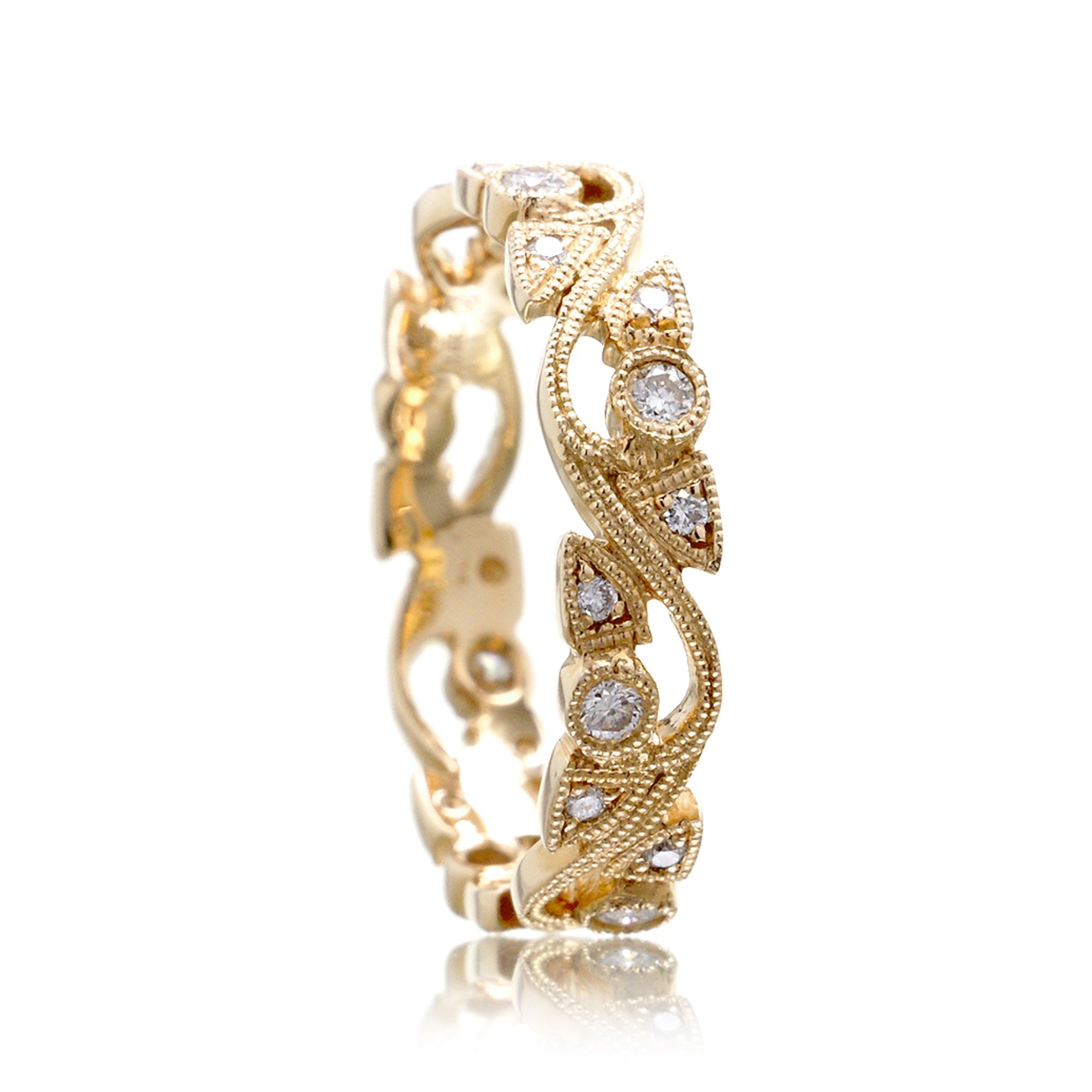 Leaf and vine diamond eternity antique style band yellow gold