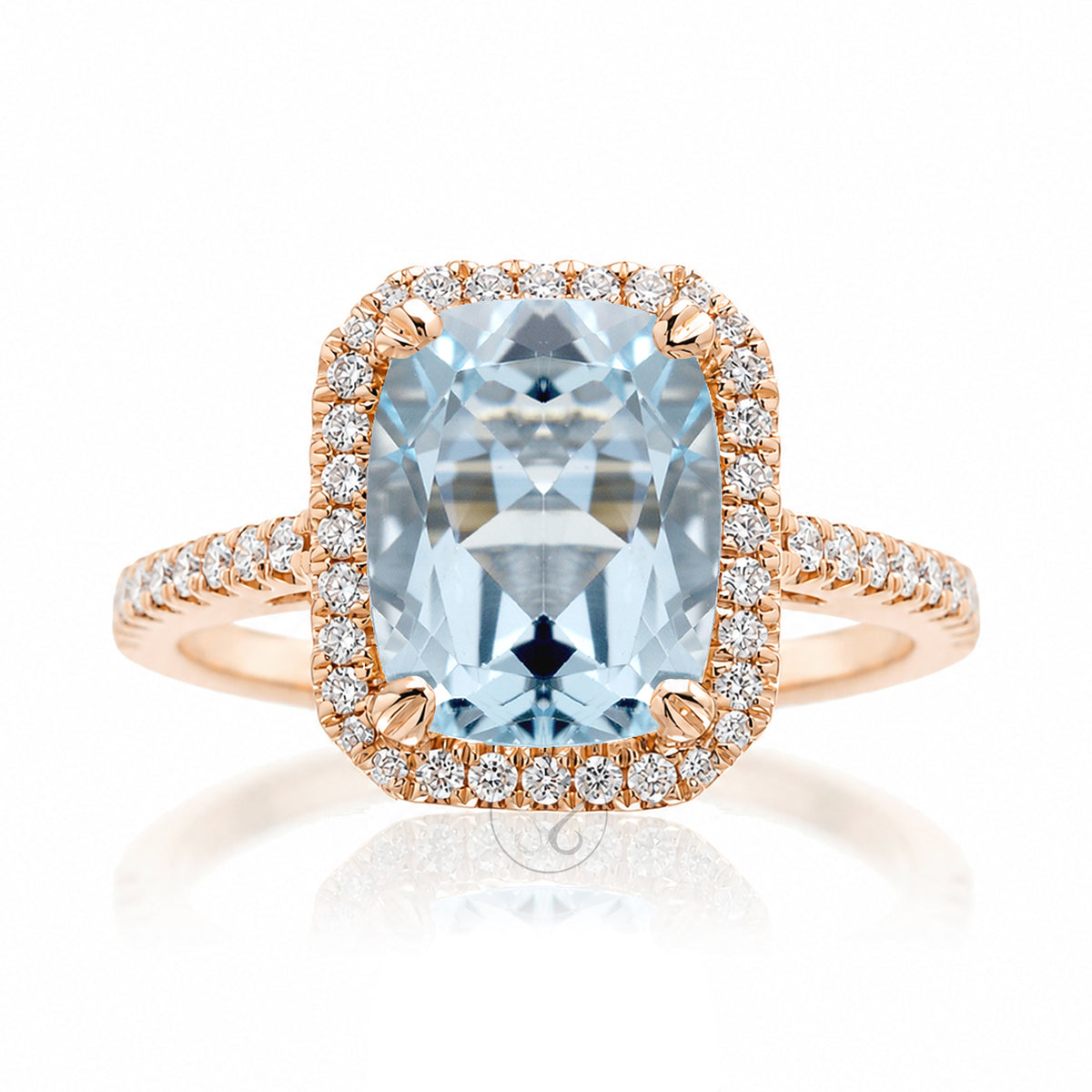 Cushion cut aquamarine diamond halo engagement ring The Signature elongated rose gold