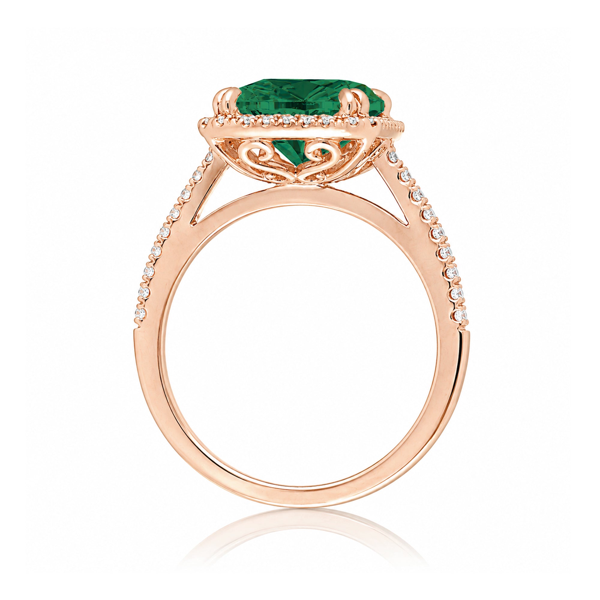 Cathedral setting in Rose gold with a green lab grown emerald