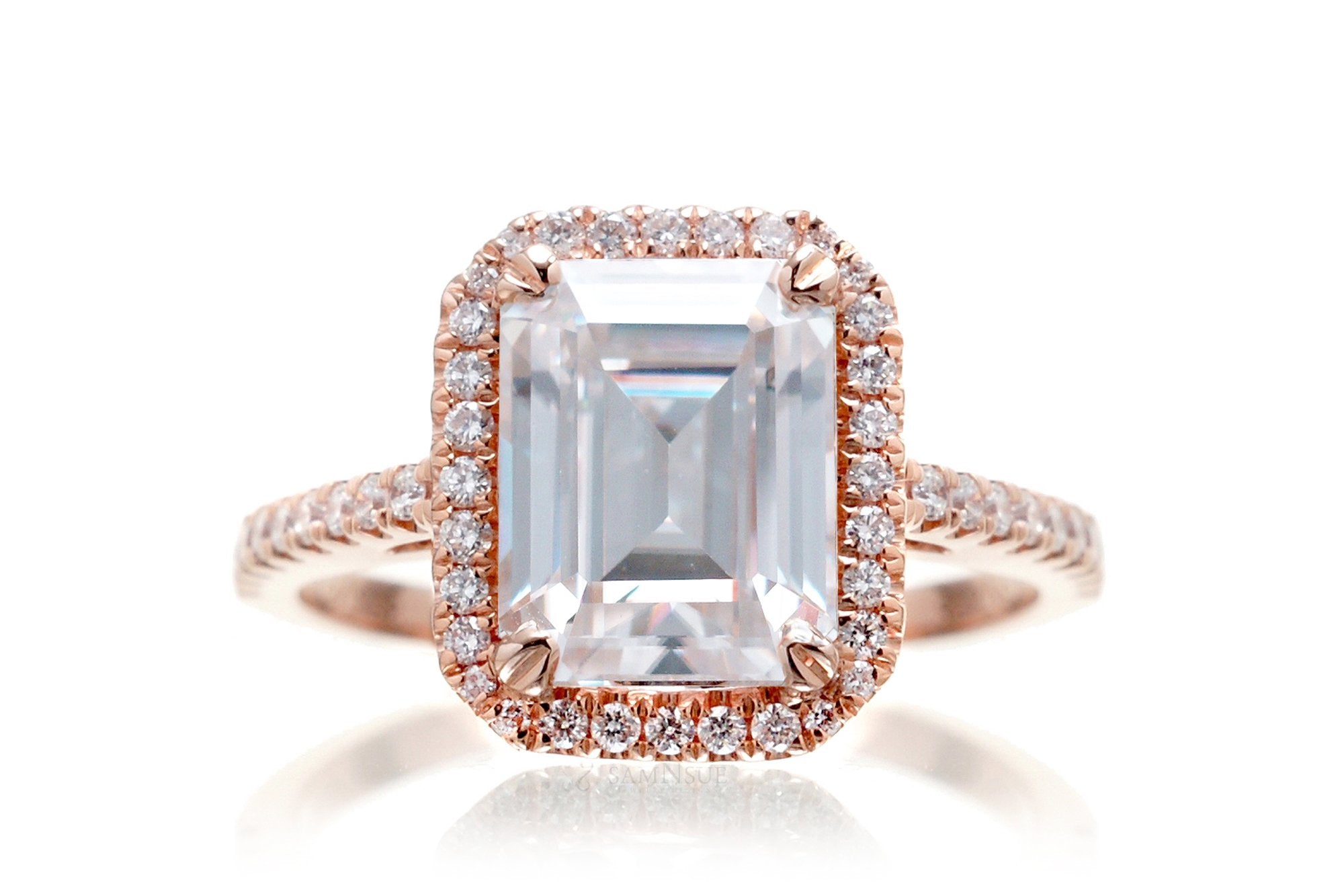 Emerald Cut Moissanite With Diamond Halo Ring | The Signature In Rose Gold