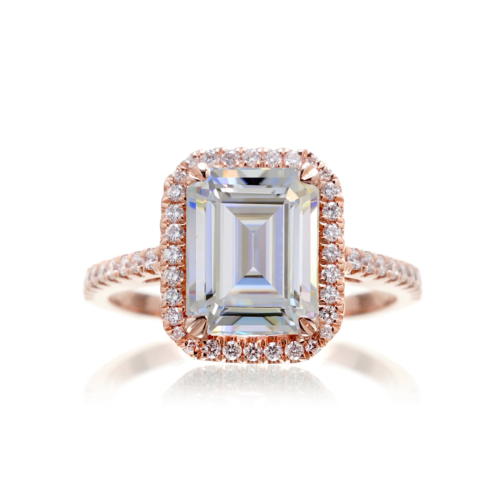 Emerald Cut Moissanite With Diamond Halo Ring | The Signature In Rose Gold
