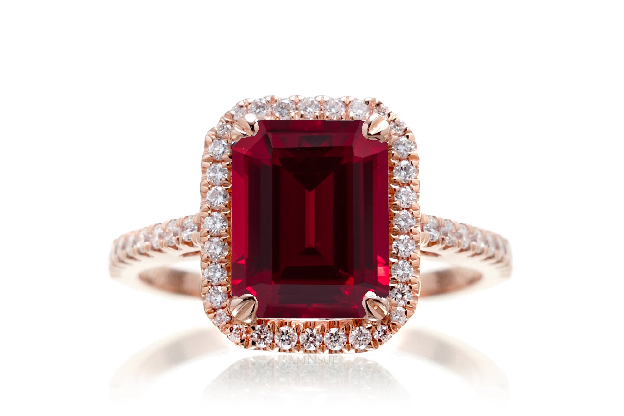 Emerald Cut Chatham Ruby With Diamond Halo Engagement Ring | The Signature Ring In Rose Gold