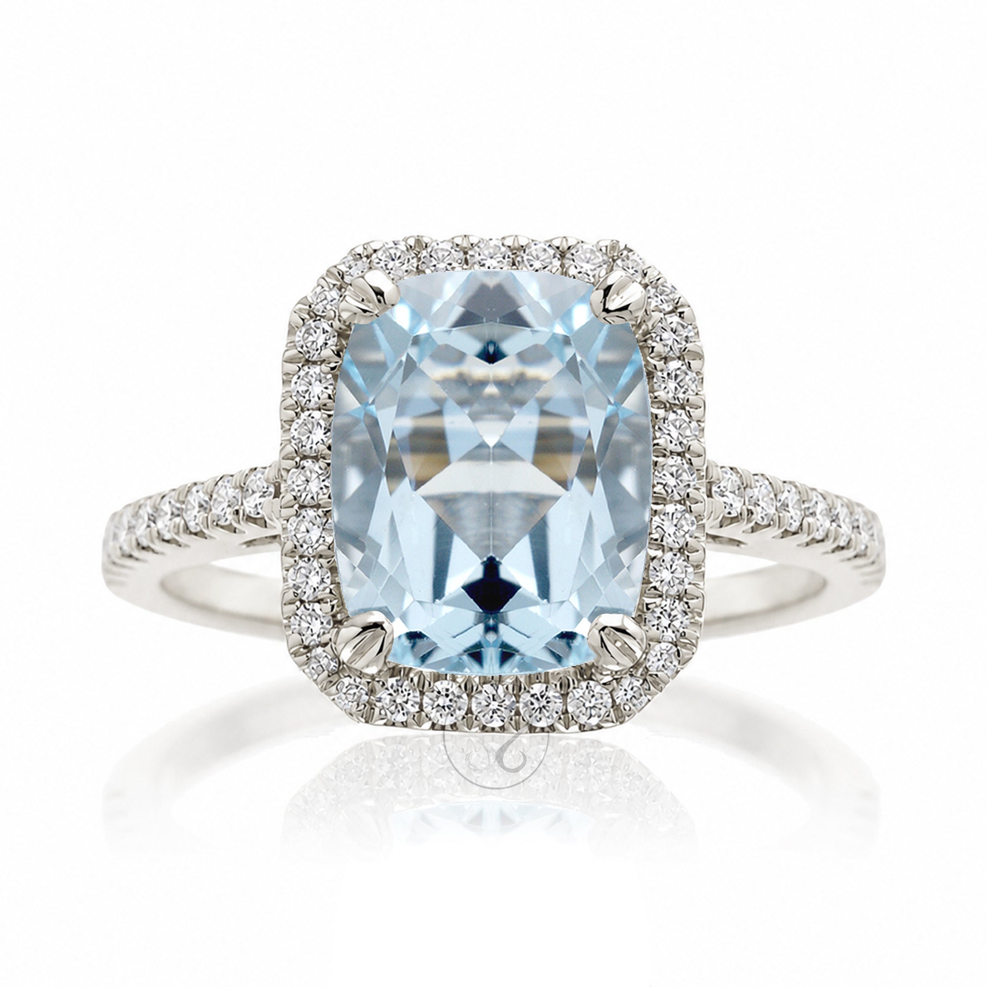 Cushion cut aquamarine diamond halo engagement ring The Signature elongated white gold