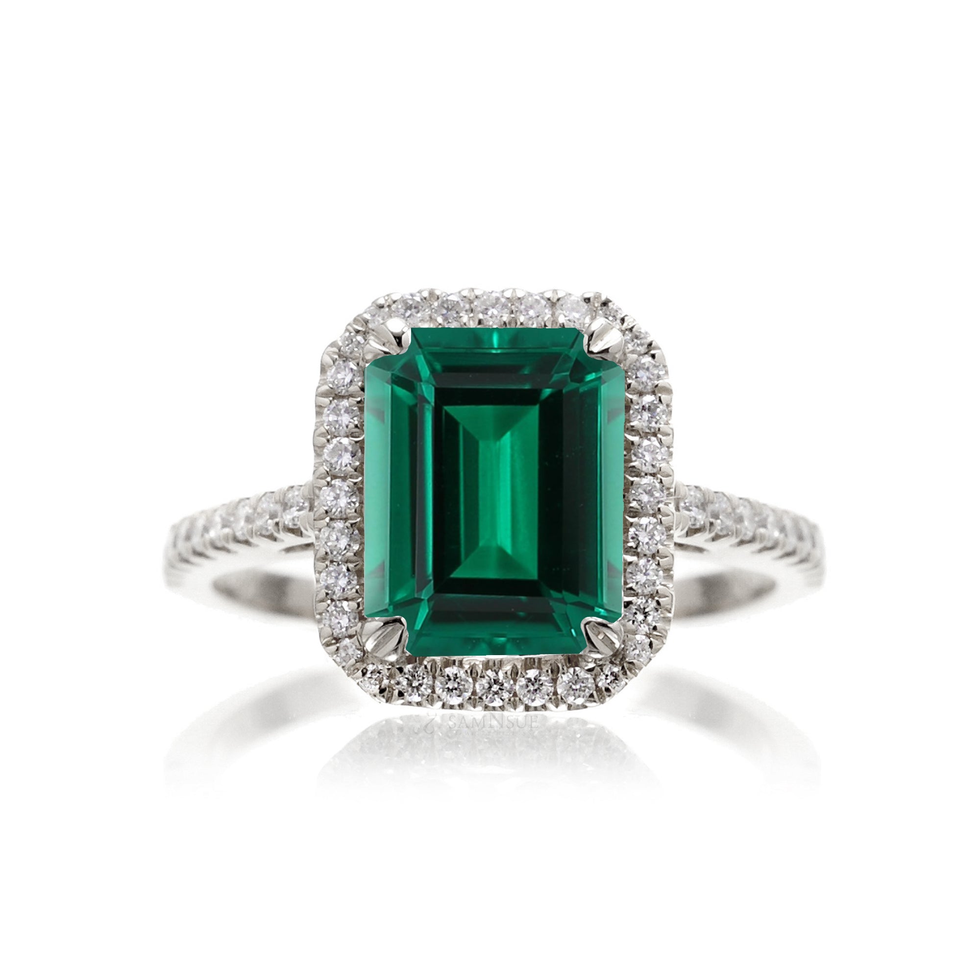 Emerald Cut Emerald With Diamond Halo Engagement Ring In White Gold or Platinum Cathedral Setting