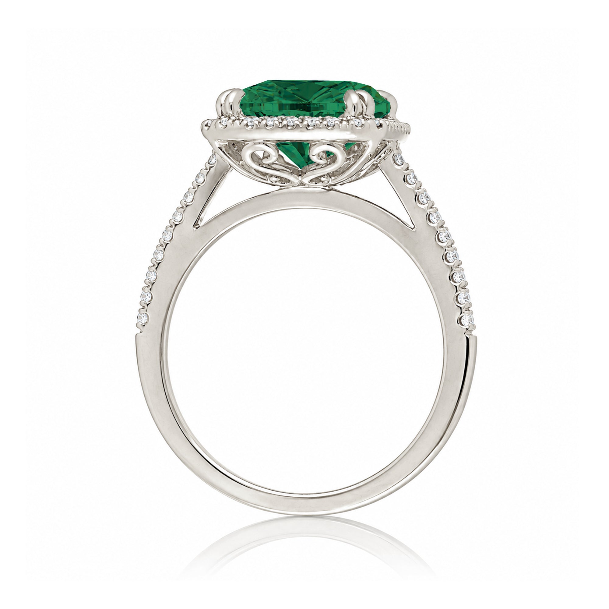 Emerald Cut Emerald With Diamond Halo Engagement Ring In White Gold or Platinum Cathedral Setting