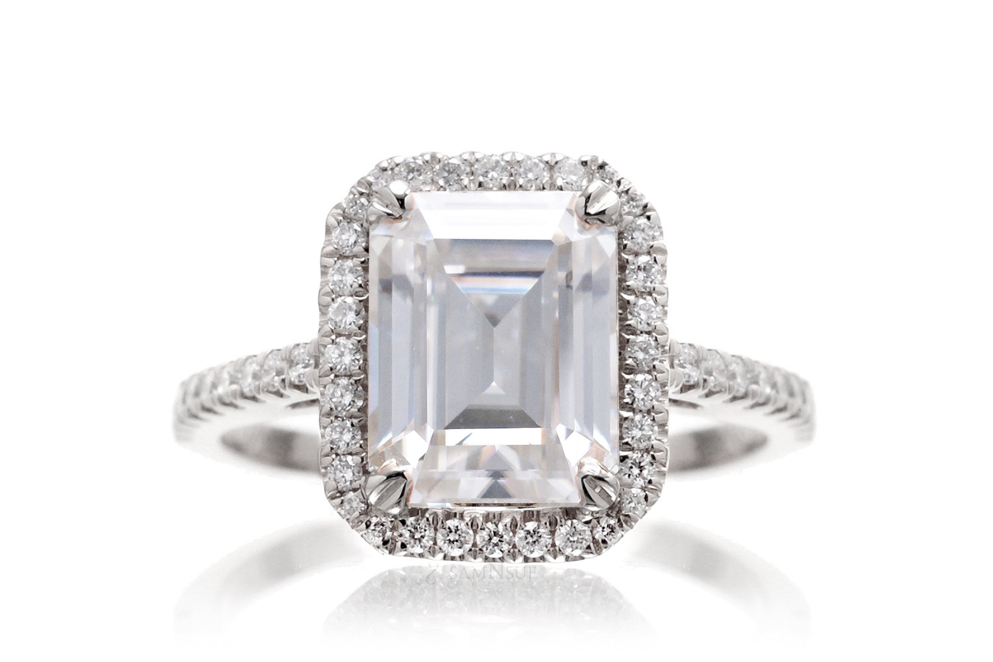 Emerald Cut Moissanite With Diamond Halo Ring | The Signature In White Gold