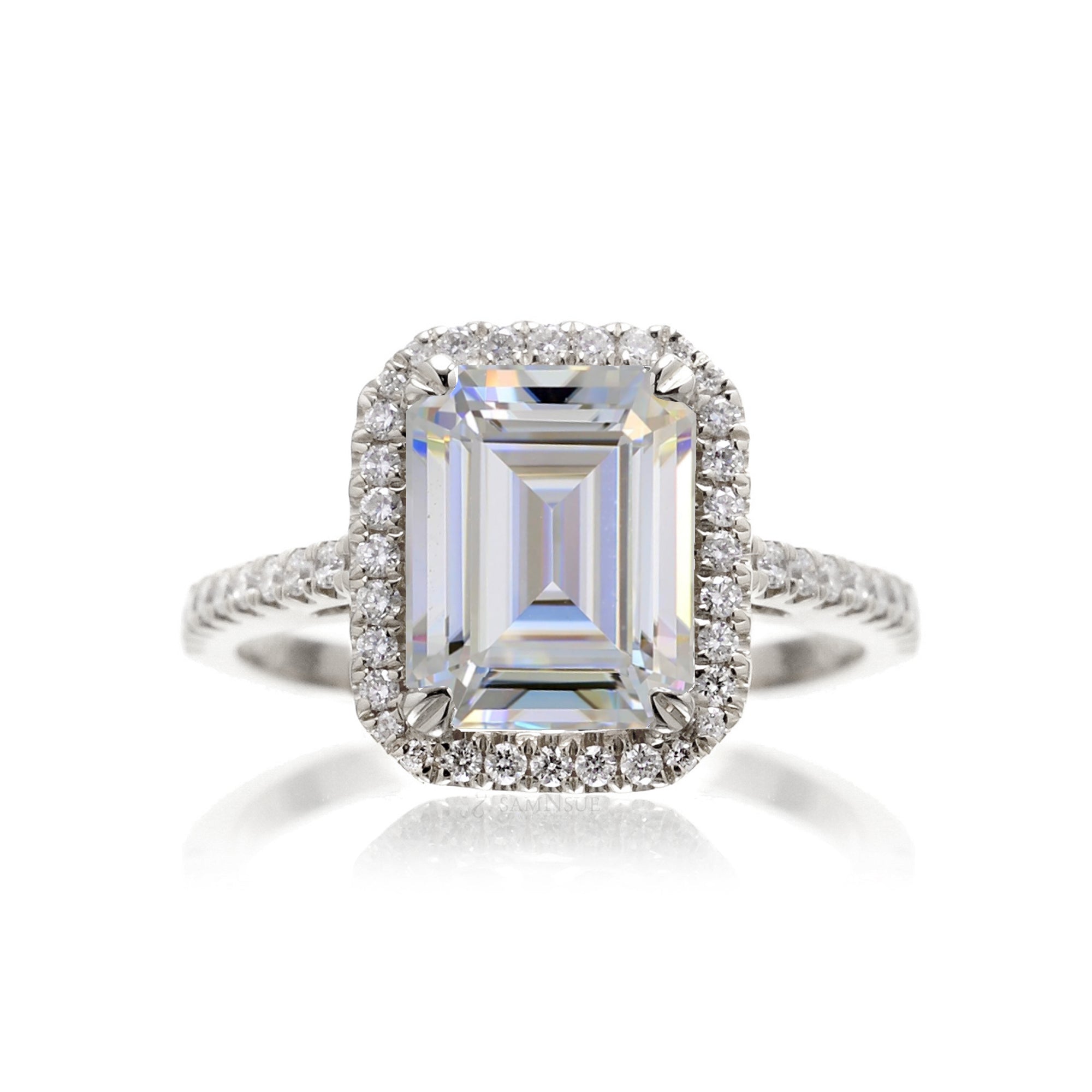 Emerald Cut Moissanite With Diamond Halo Ring | The Signature In White Gold