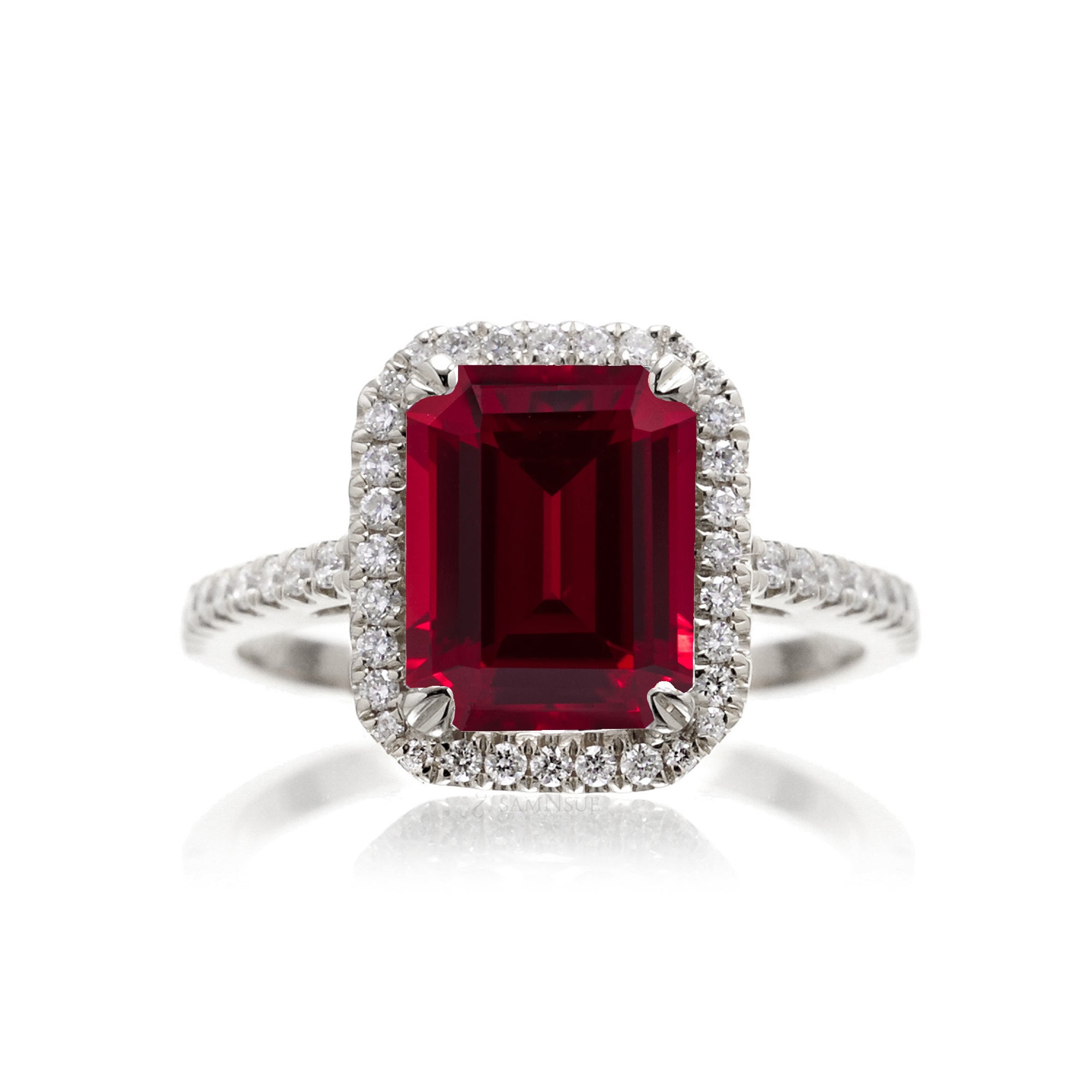 Emerald Cut Ruby With Diamond Halo Engagement Ring | The Signature Ring In white Gold