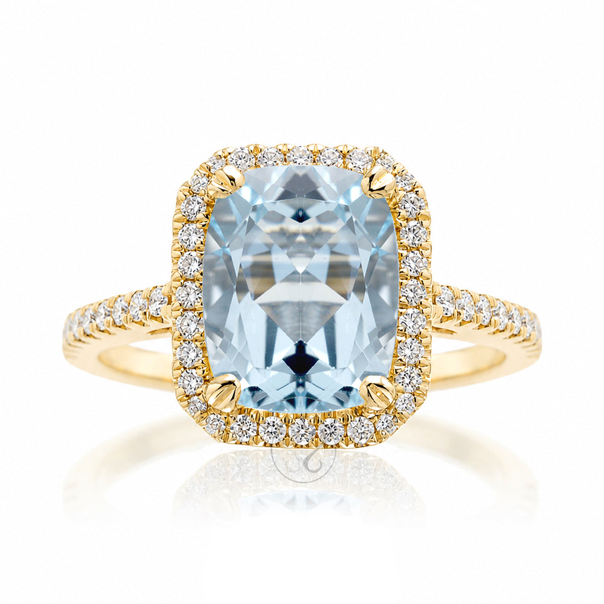 Cushion cut aquamarine diamond halo engagement ring The Signature elongated yellow gold