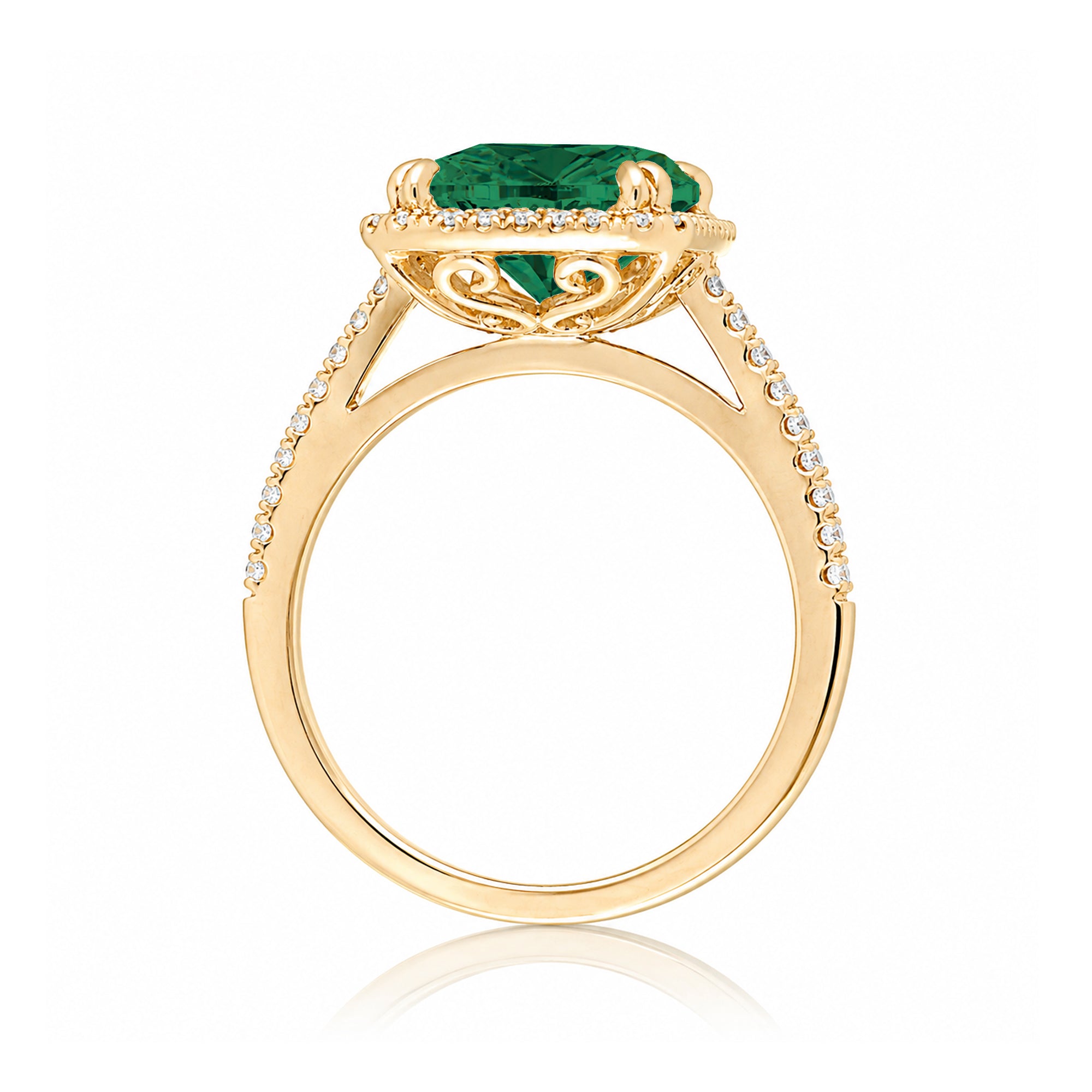 Emerald Cut Emerald With Diamond Halo Engagement Ring In Yellow Gold Cathedral Setting