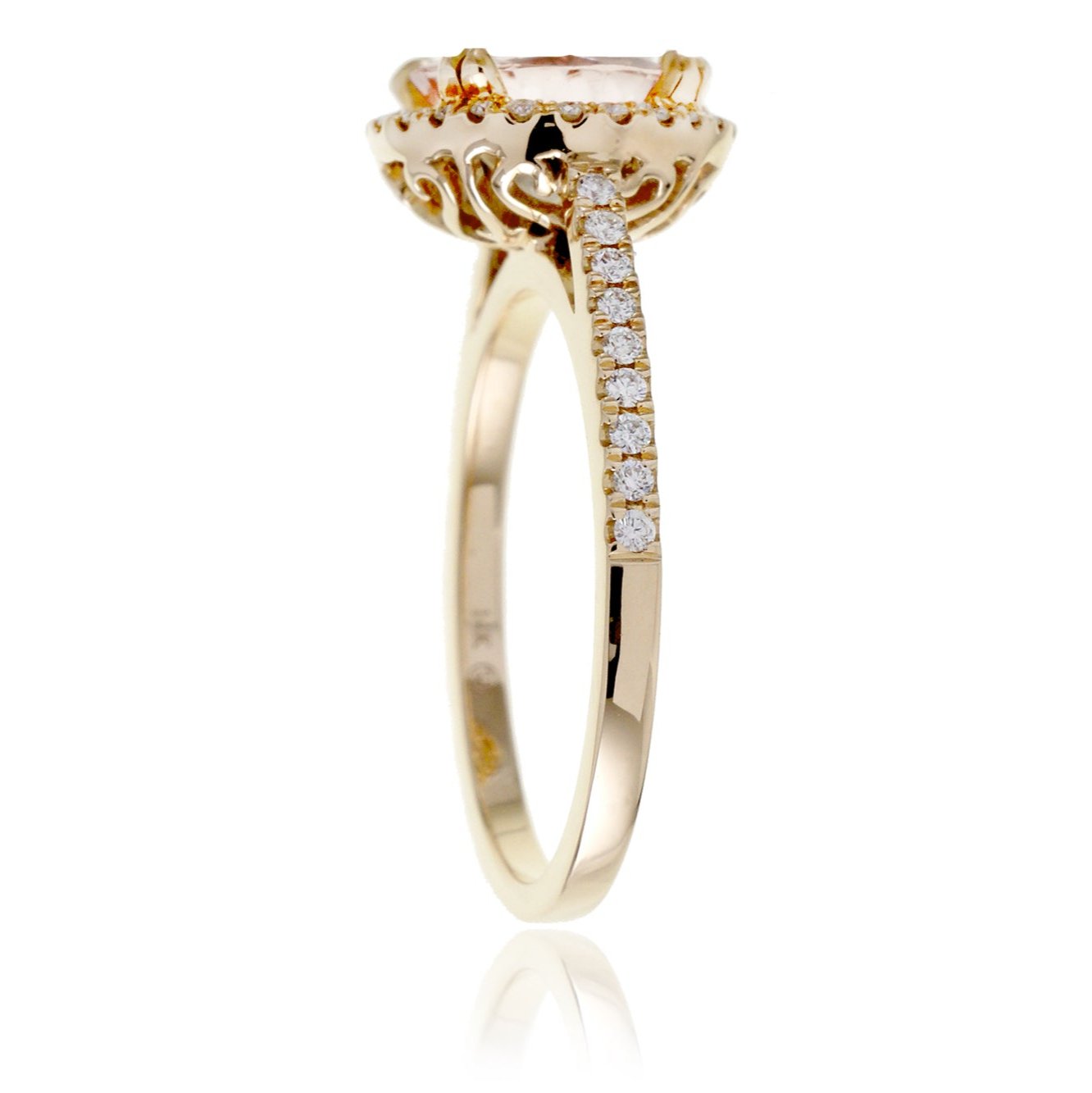 Round morganite diamond halo engagement ring in yellow gold