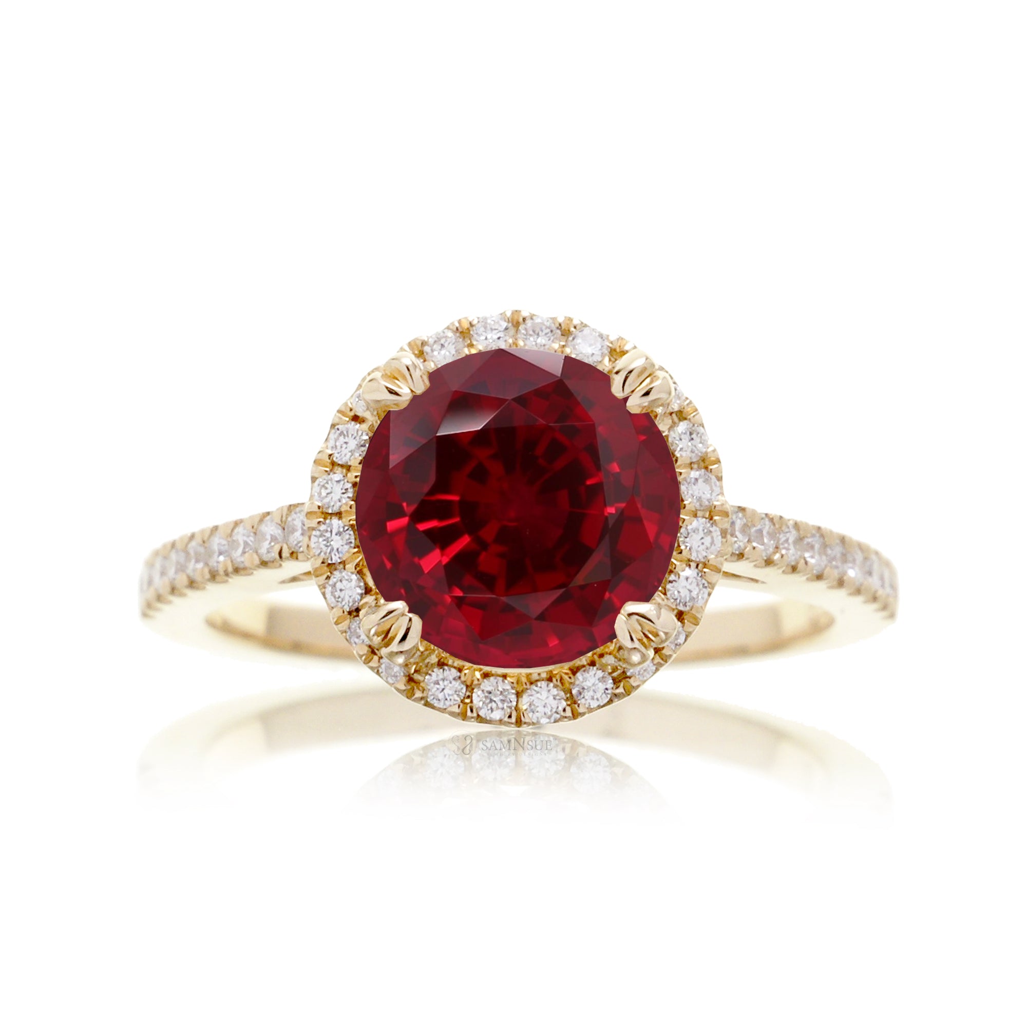 Ruby engagement ring round diamond halo in yellow gold