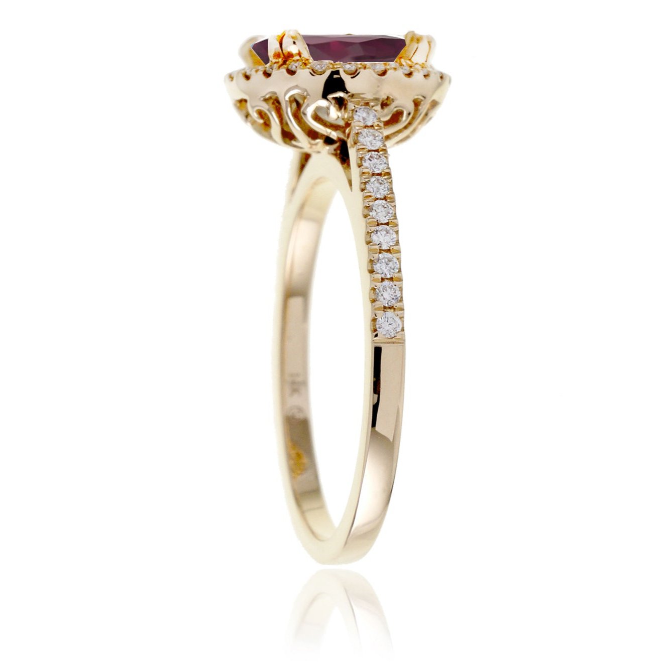 Oval shape ruby diamond engagement ring in yellow gold