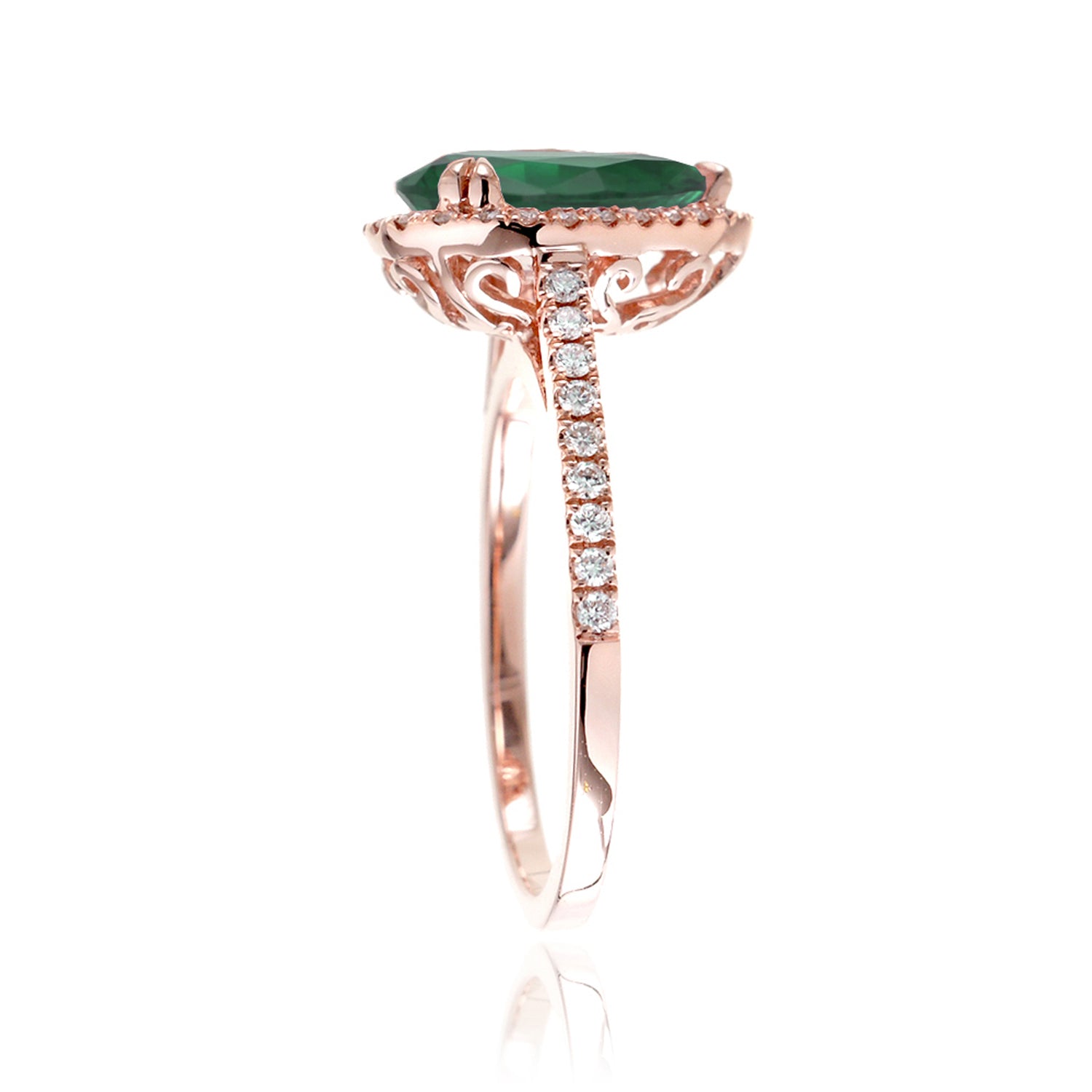 Pear green emerald diamond halo cathedral engagement ring rose gold - The Signature