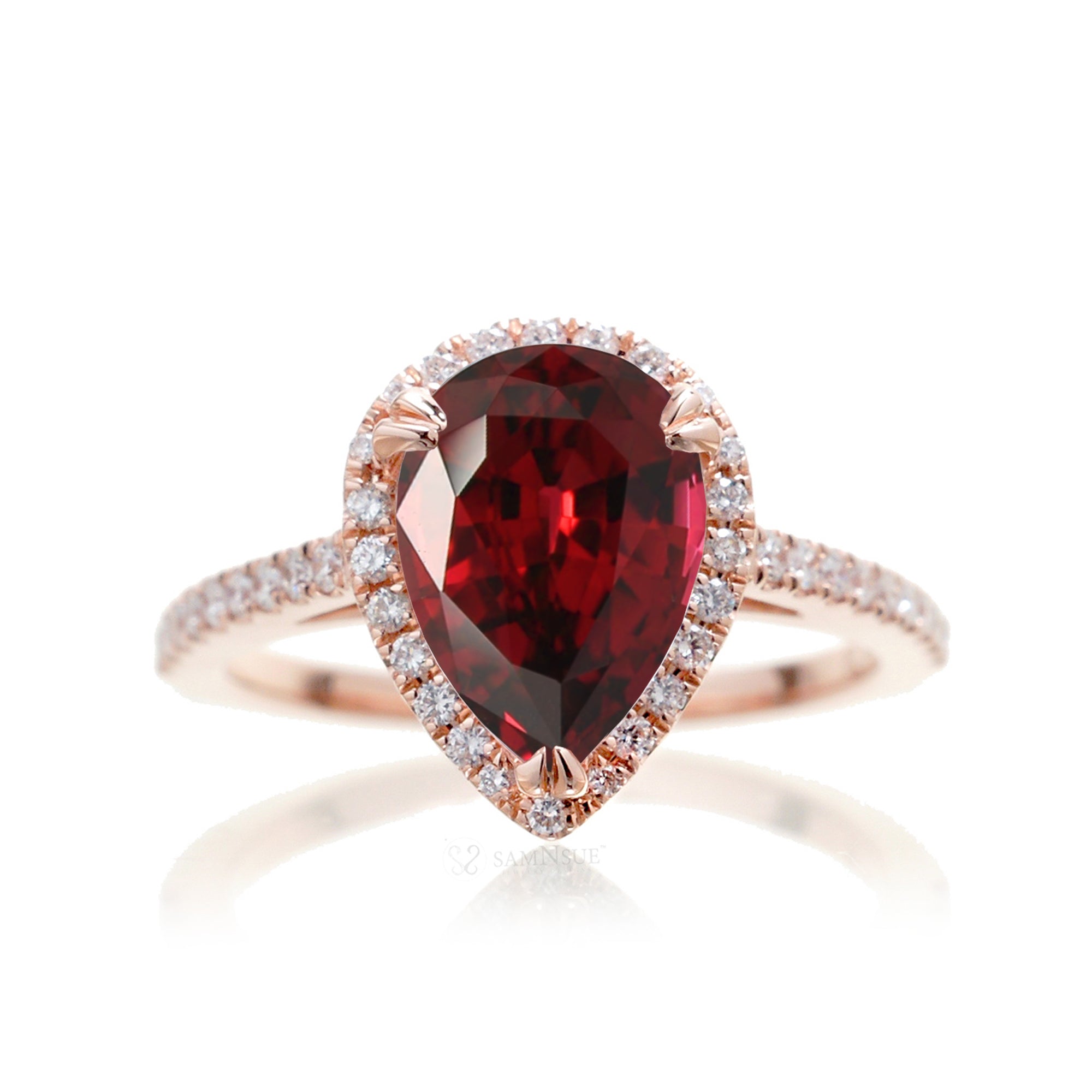 Pear Red Ruby Engagement Ring With Diamond Halo and Cathedral Setting