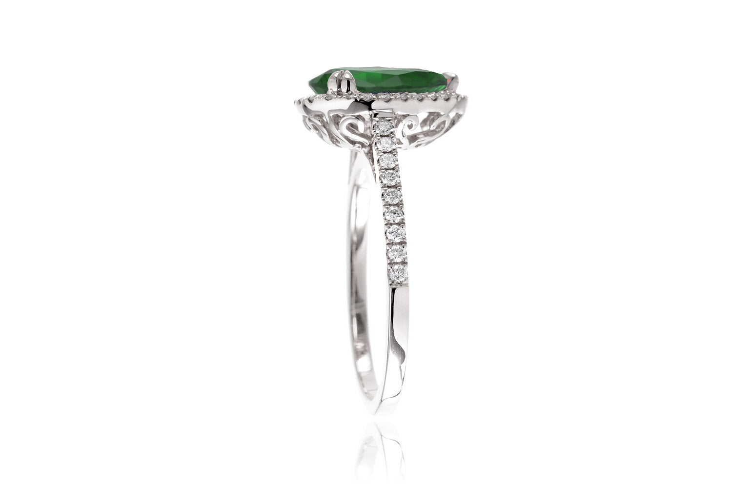 Pear green emerald diamond halo cathedral engagement ring white gold - The Signature