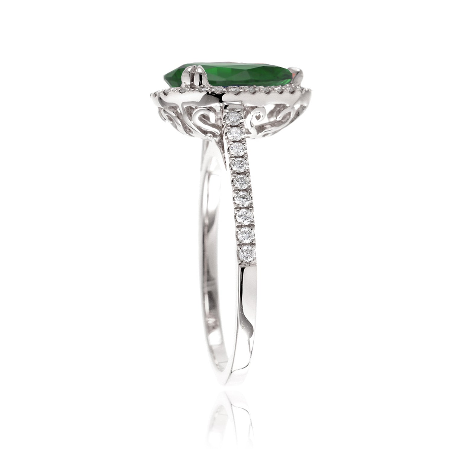 Pear green emerald diamond halo cathedral engagement ring white gold - The Signature