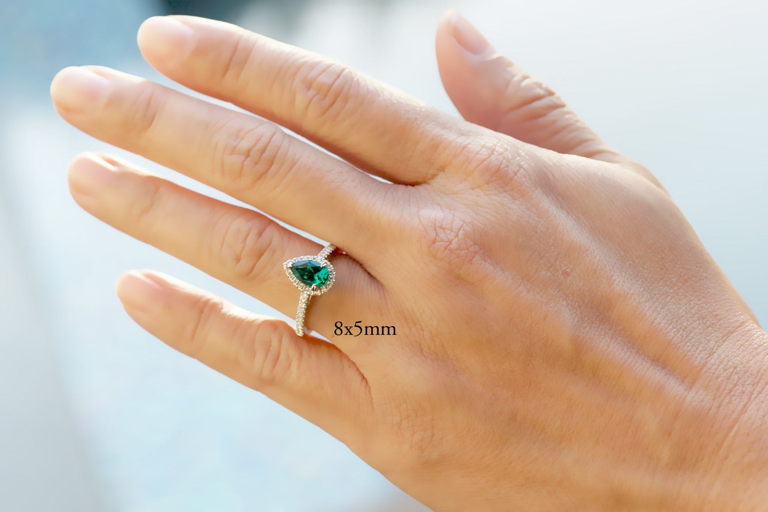 Pear green emerald diamond halo cathedral engagement ring rose gold - The Signature