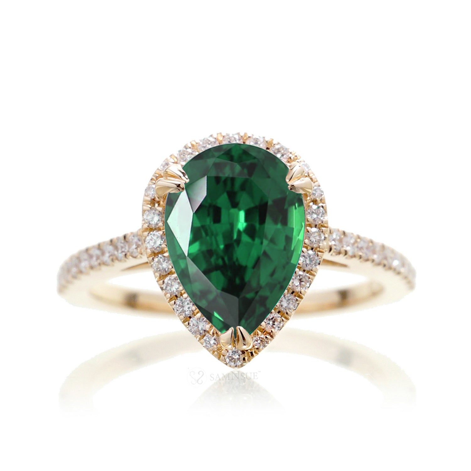 Pear green emerald diamond halo cathedral engagement ring yellow gold - The Signature