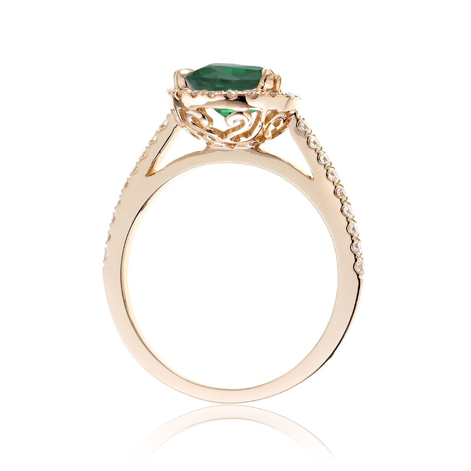 Pear green emerald diamond halo cathedral engagement ring yellow gold - The Signature