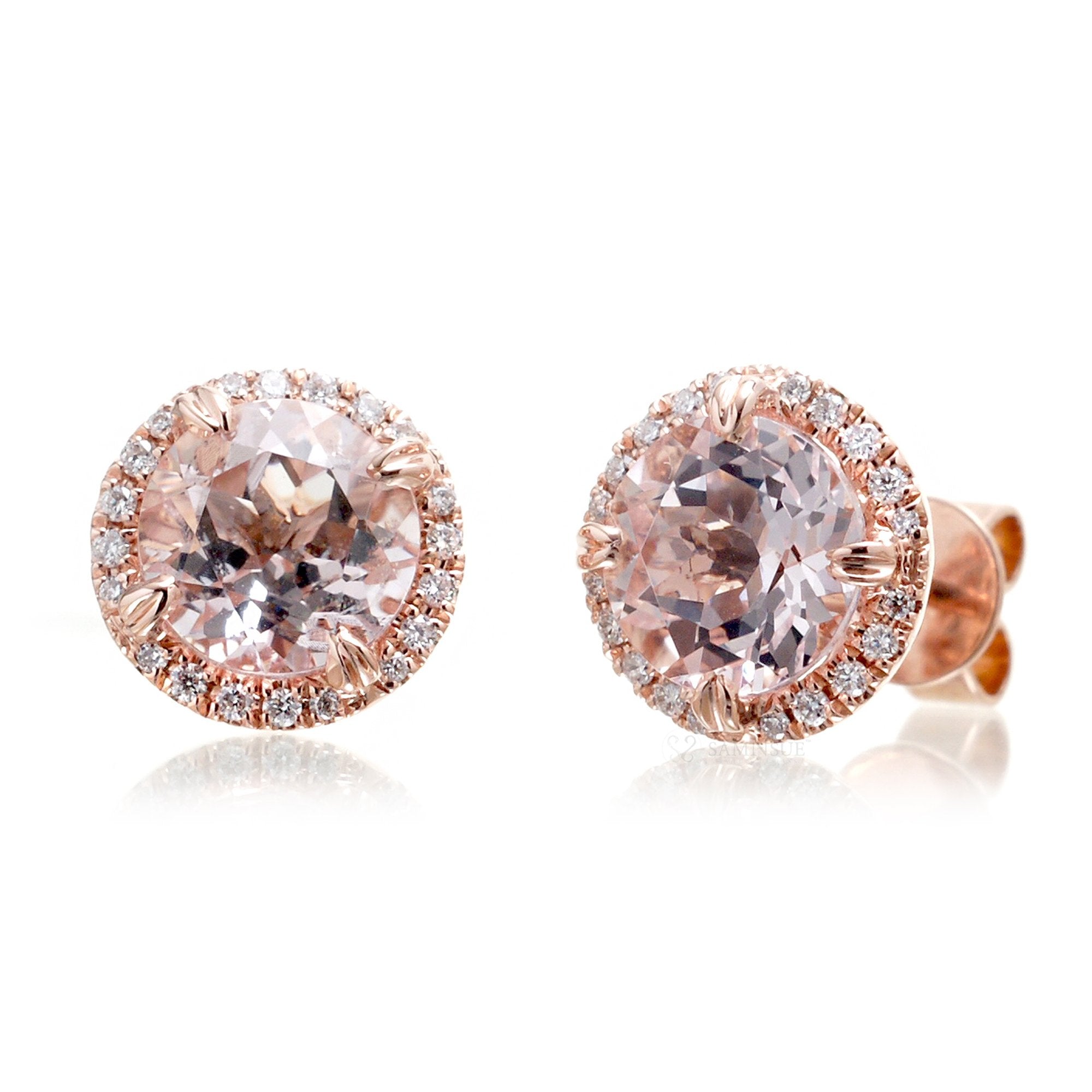 Morganite or Lab-Grown Sapphire Halo Stud Earrings with Diamond