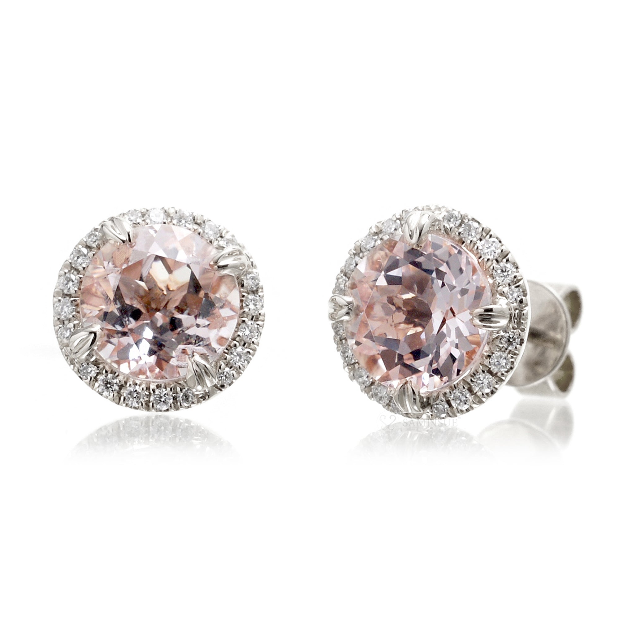 Round morganite diamond halo stud earrings white gold