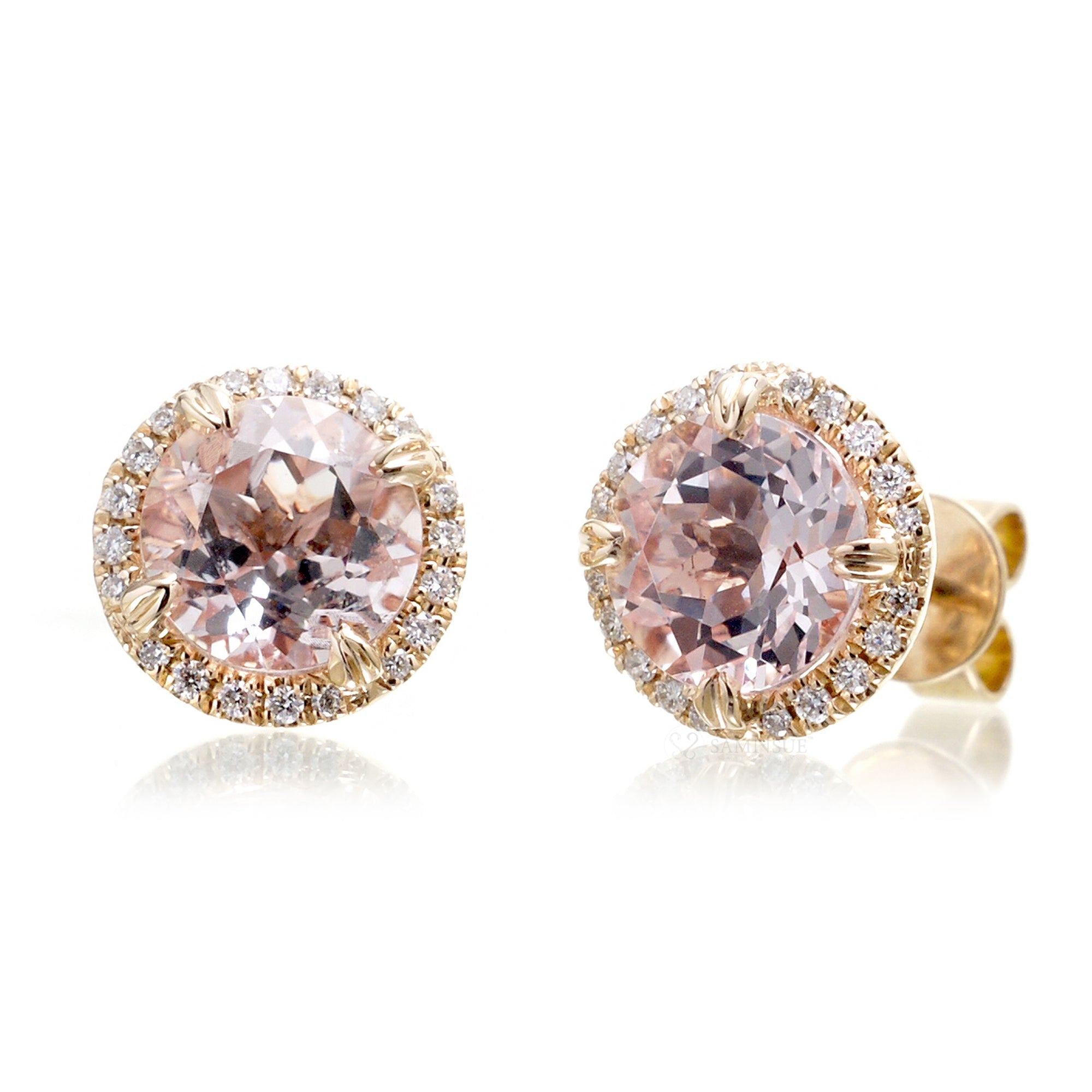 Round morganite diamond halo stud earrings yellow gold