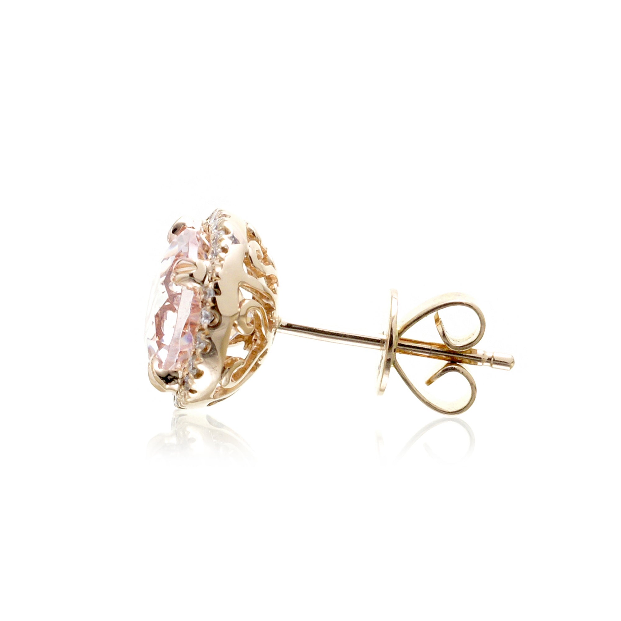 Round morganite diamond halo stud earrings yellow gold