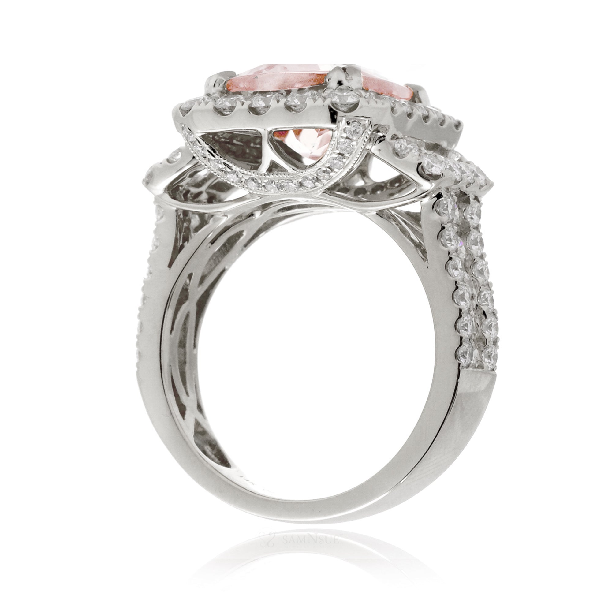 Emerald-Cut Morganite Double Halo Diamond Ring in White Gold