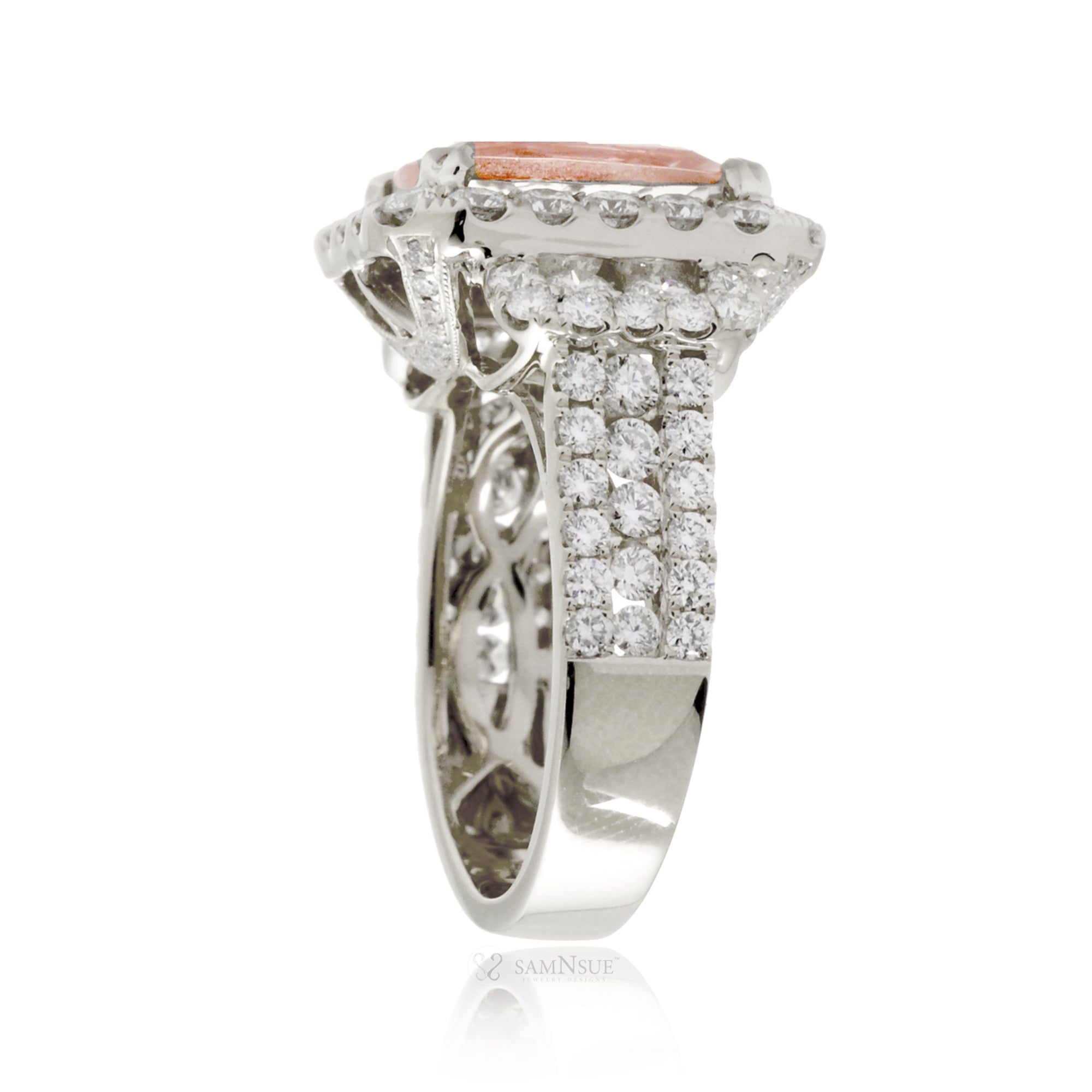 Emerald-Cut Morganite Double Halo Diamond Ring in White Gold