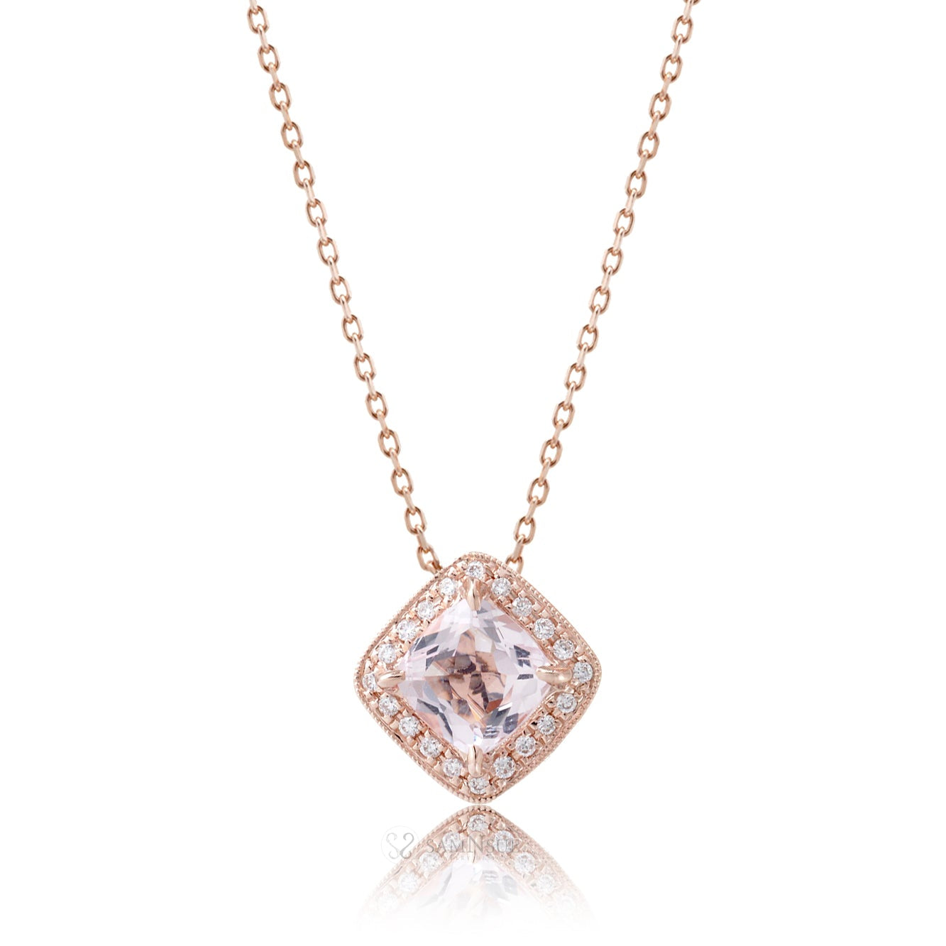 Cushion Morganite Pendant With Diamond Halo Rose Gold 5mm