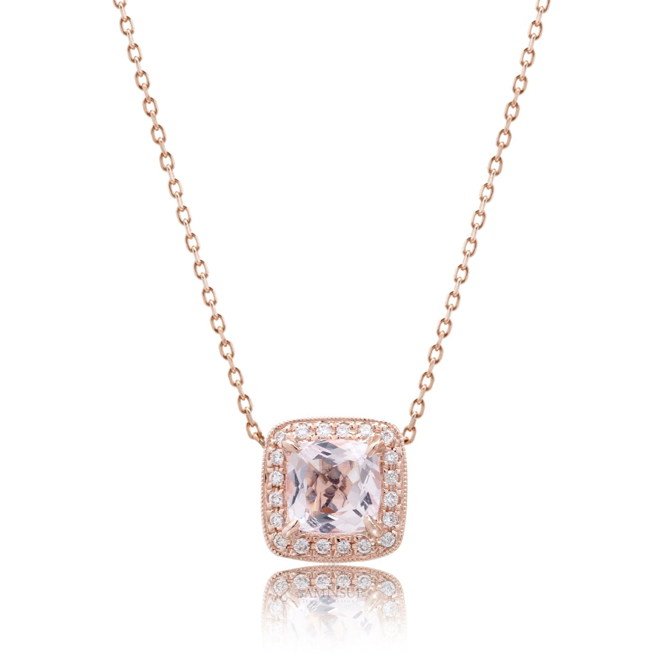Morganite Pendant Cushion Diamond Halo (5mm)