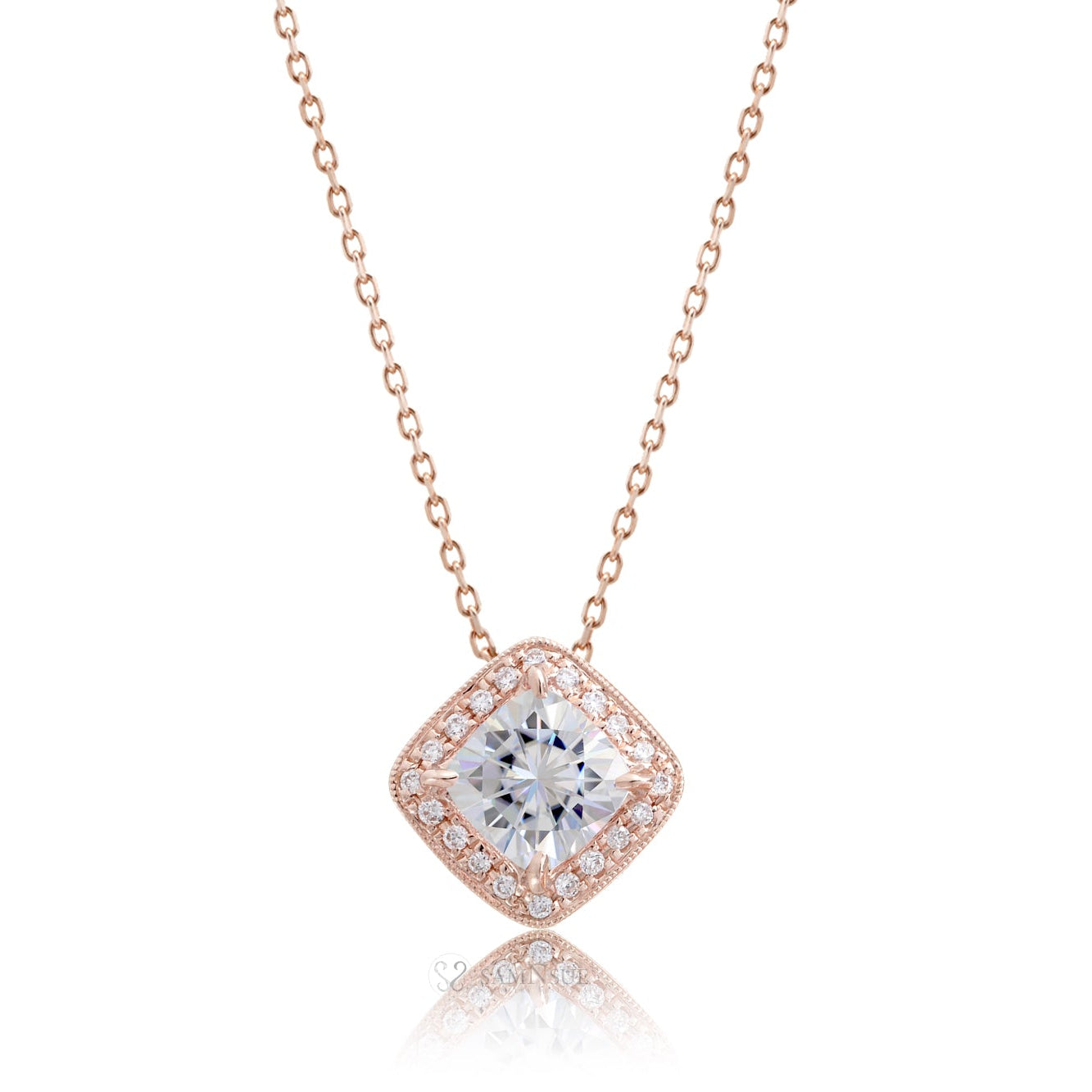 Moissanite Cushion Diamond Halo Pendant