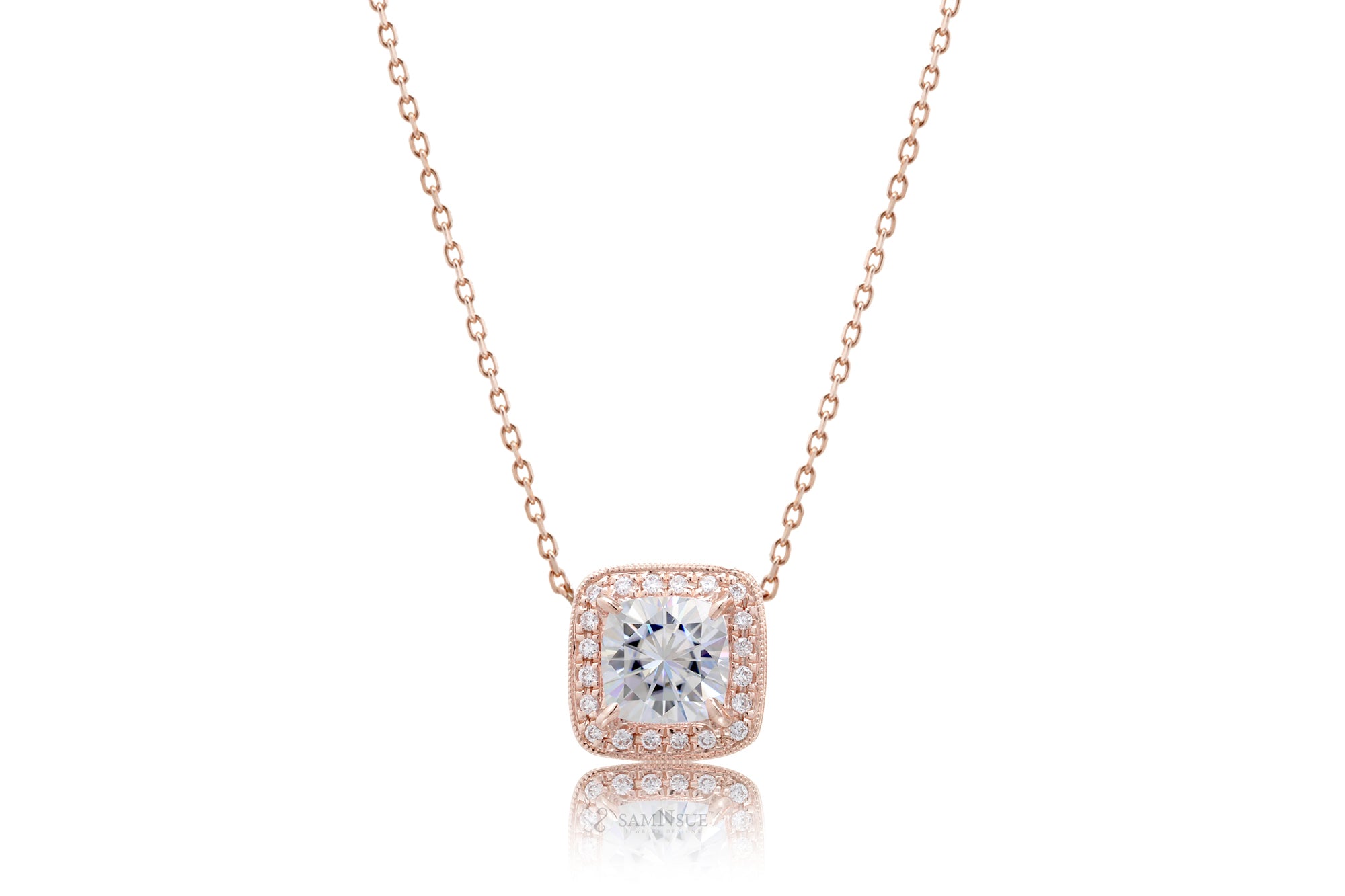 Moissanite Cushion Diamond Halo Pendant