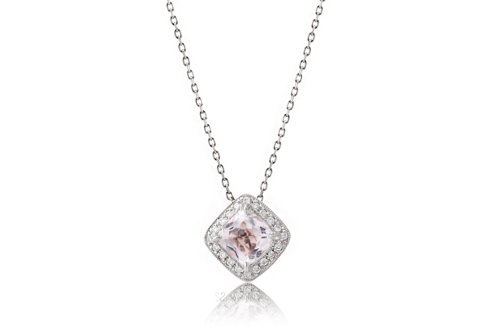 Cushion Morganite Pendant With Diamond Halo White Gold 5mm