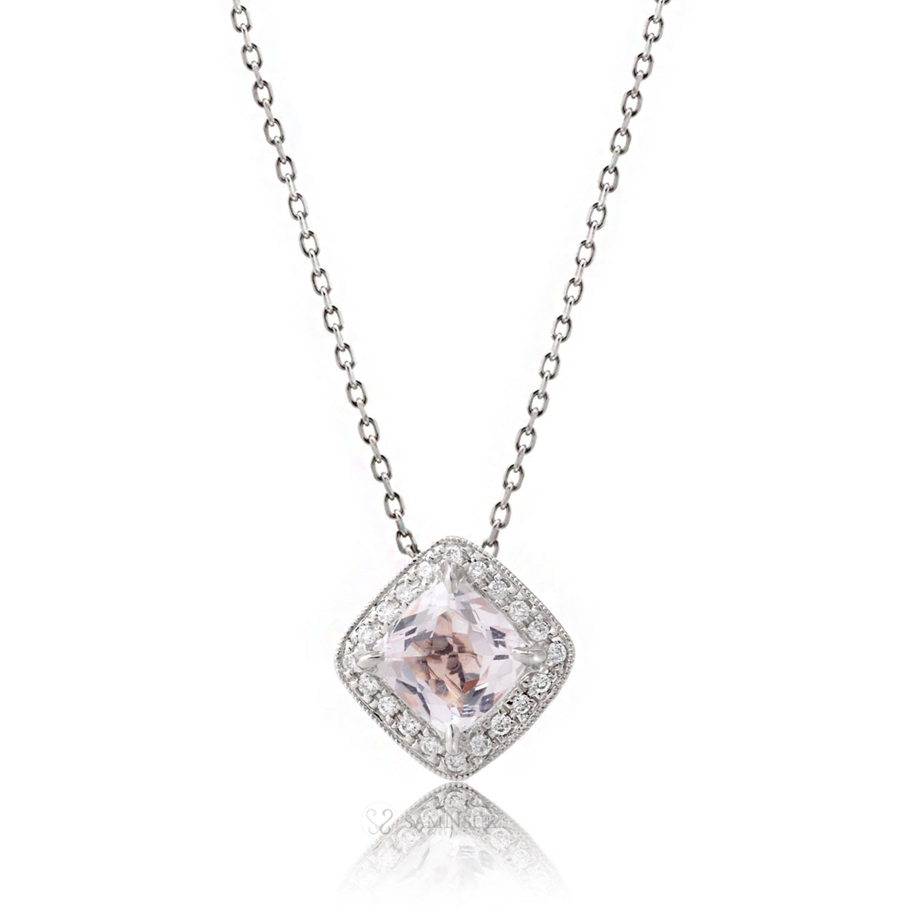 Cushion Morganite Pendant With Diamond Halo White Gold 5mm