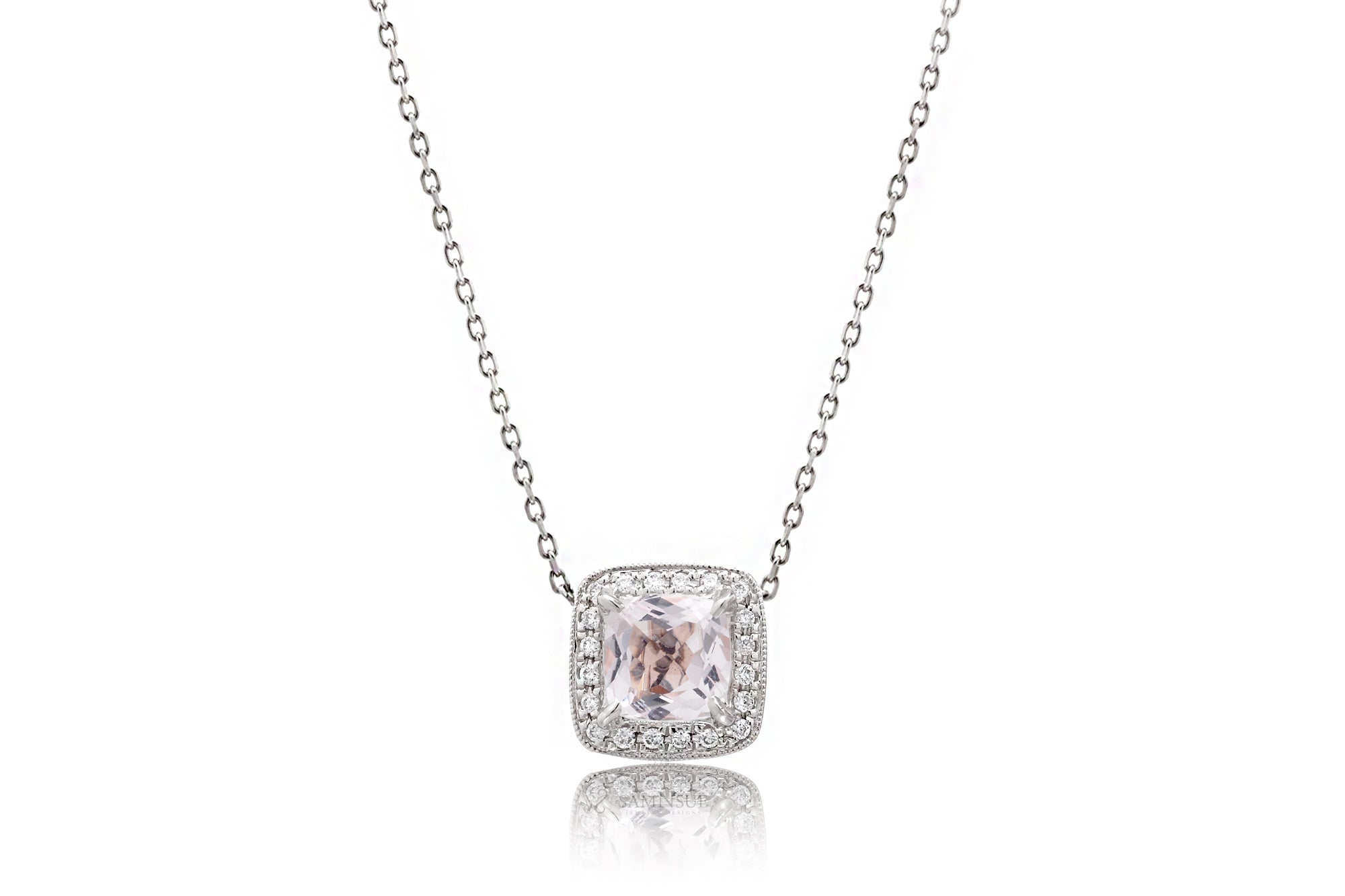 Morganite Pendant Cushion Diamond Halo (5mm)